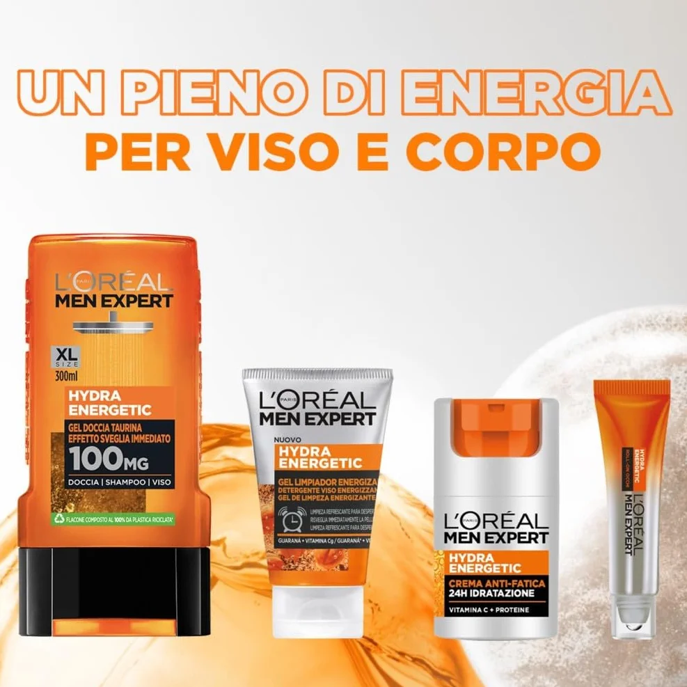 L'Oréal Paris Men Expert Roll-On Occhi Anti-Fatica Uomo, Per uno Sguardo più Fresco e Riposato, Occhiaie, Rughe Sottili e Borse Ridotte, Arricchito con Caffeina e Vitamina C, Hydra Energetic, 10 ml