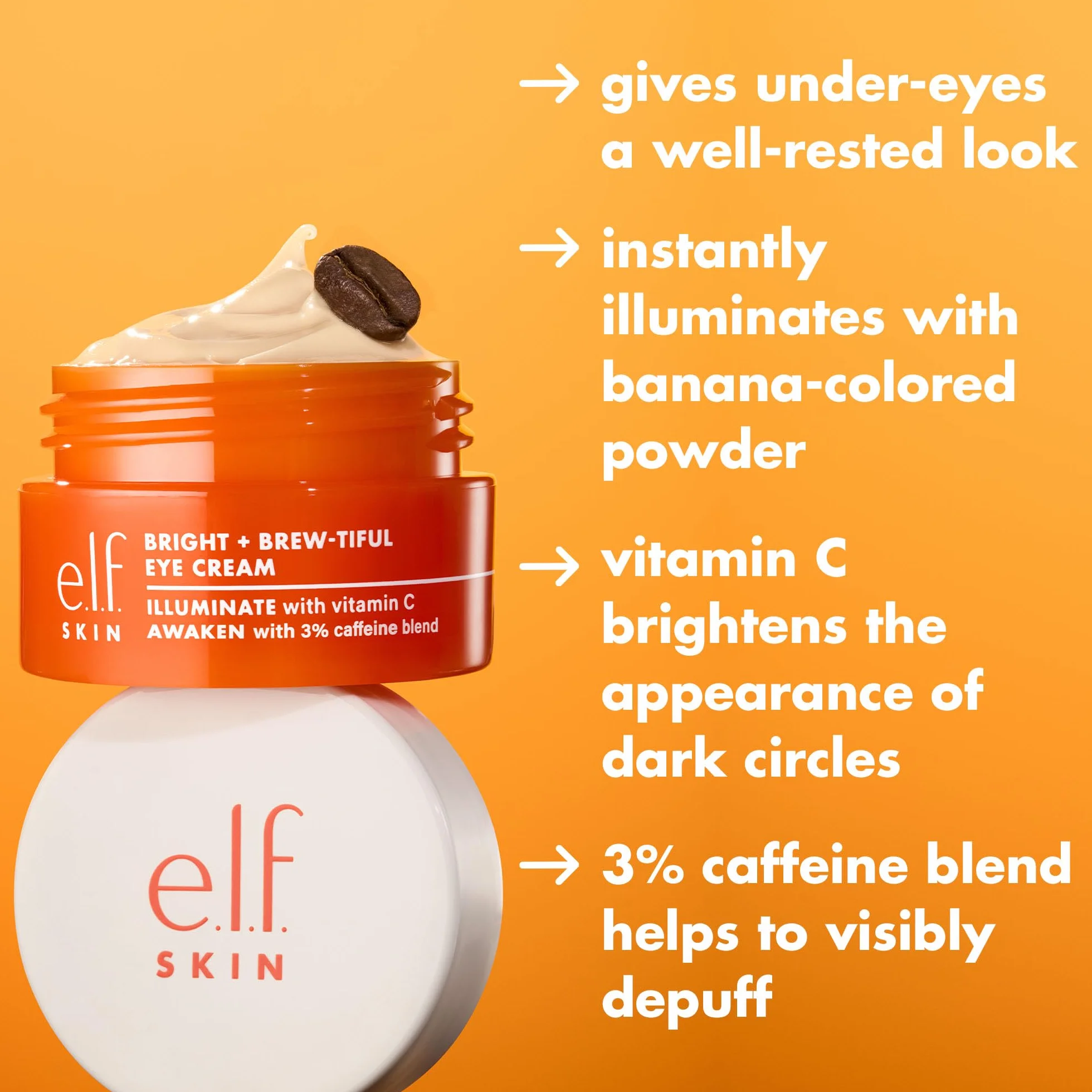 e.l.f. SKIN Bright + Brew-tiful Eye Cream Mini, aiuta a schiarire le occhiaie e a ridurre il gonfiore, prodotto vegano e non testato sugli animali