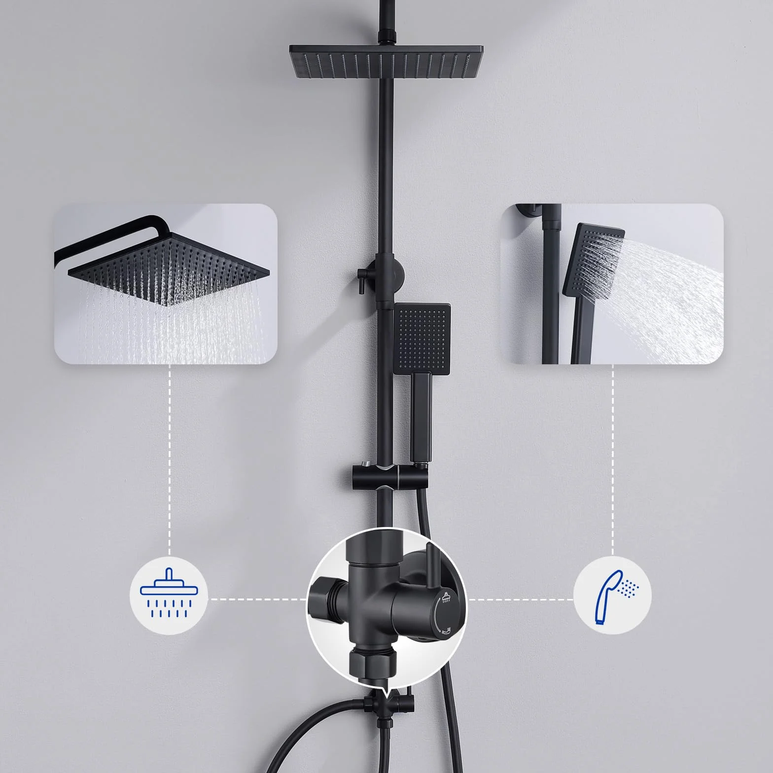 Auralum Colonna Doccia Senza Miscelatore 74-109cm Regolabile Set Soffione Doccetta Nero