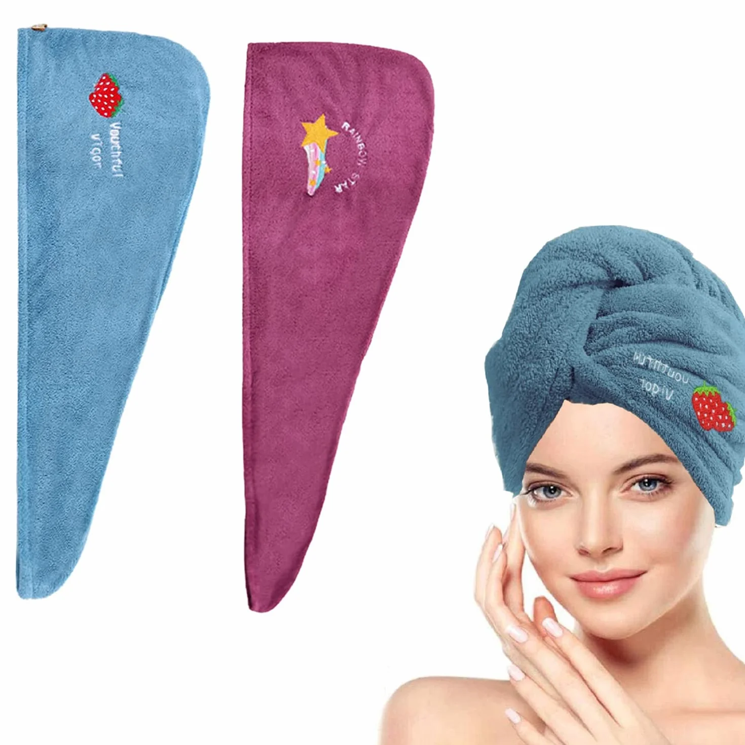 2Pz Asciugamano Capelli Turbante di Alta Qualità,Super Assorbente,Cotone doppio addensato Asciugamano in Microfibra,Asciugatura Rapida Turbanteper Capelli corti e lunghi con Bottoni(blu+viola)