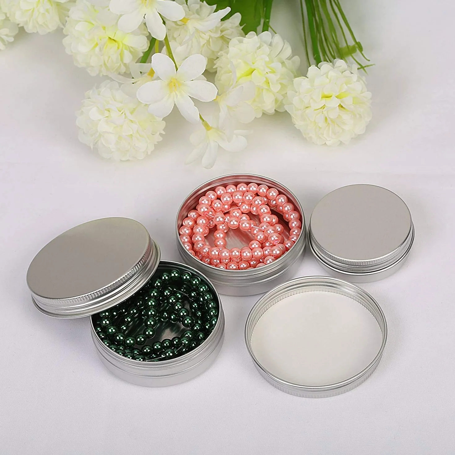 ProLeo Barattoli vuoti in alluminio da 24 pezzi, 60 ml, con coperchio a vite per balsamo per labbra, lozione, crema, maschere, mini candele, cosmetici argento, bianco, 60ml