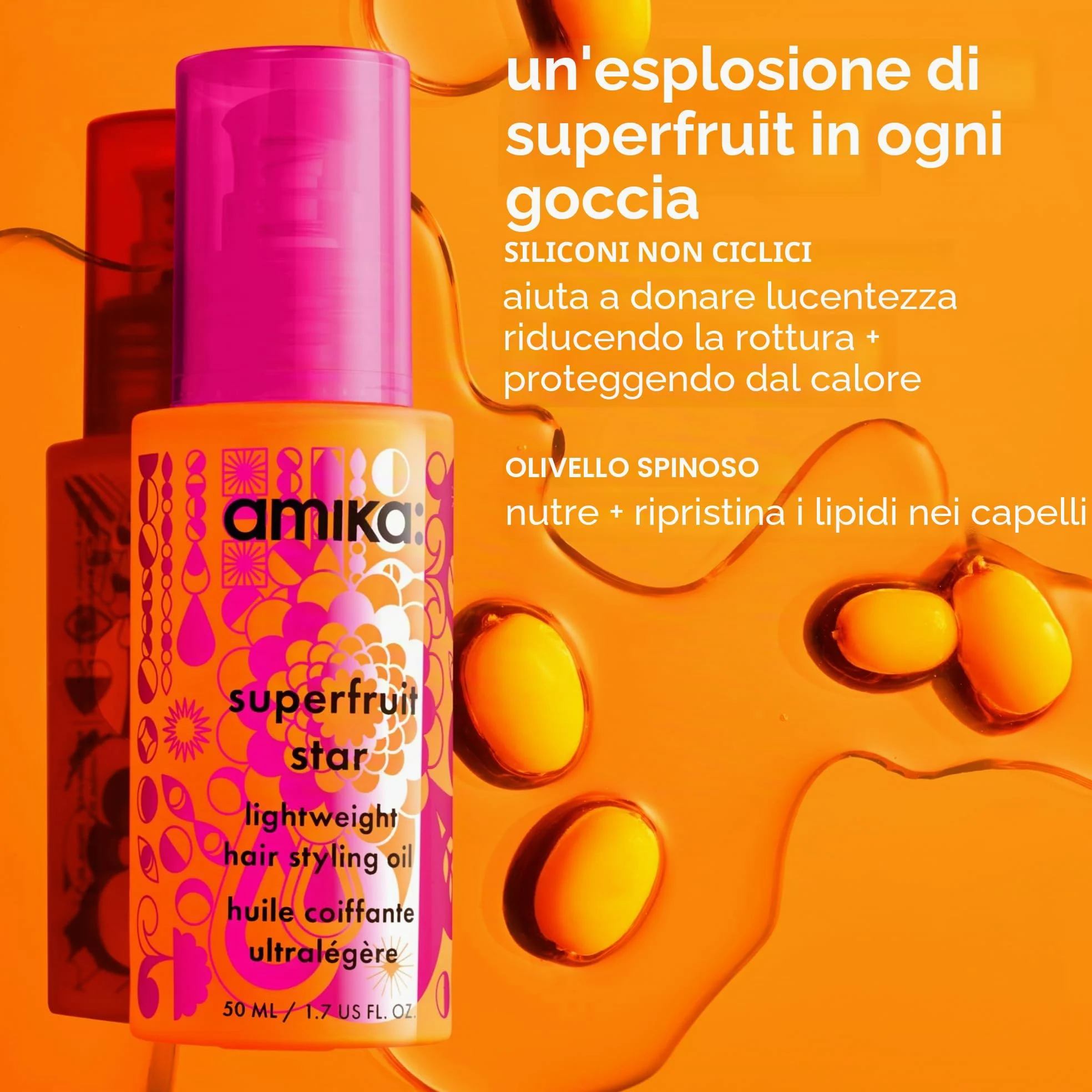 amika Superfruit Star - Olio per capelli leggero, siero per capelli sottili e spessi, protezione dal calore + levigante crespo per una lucentezza lucida, riduce la rottura e rafforza le ciocche (50 ml