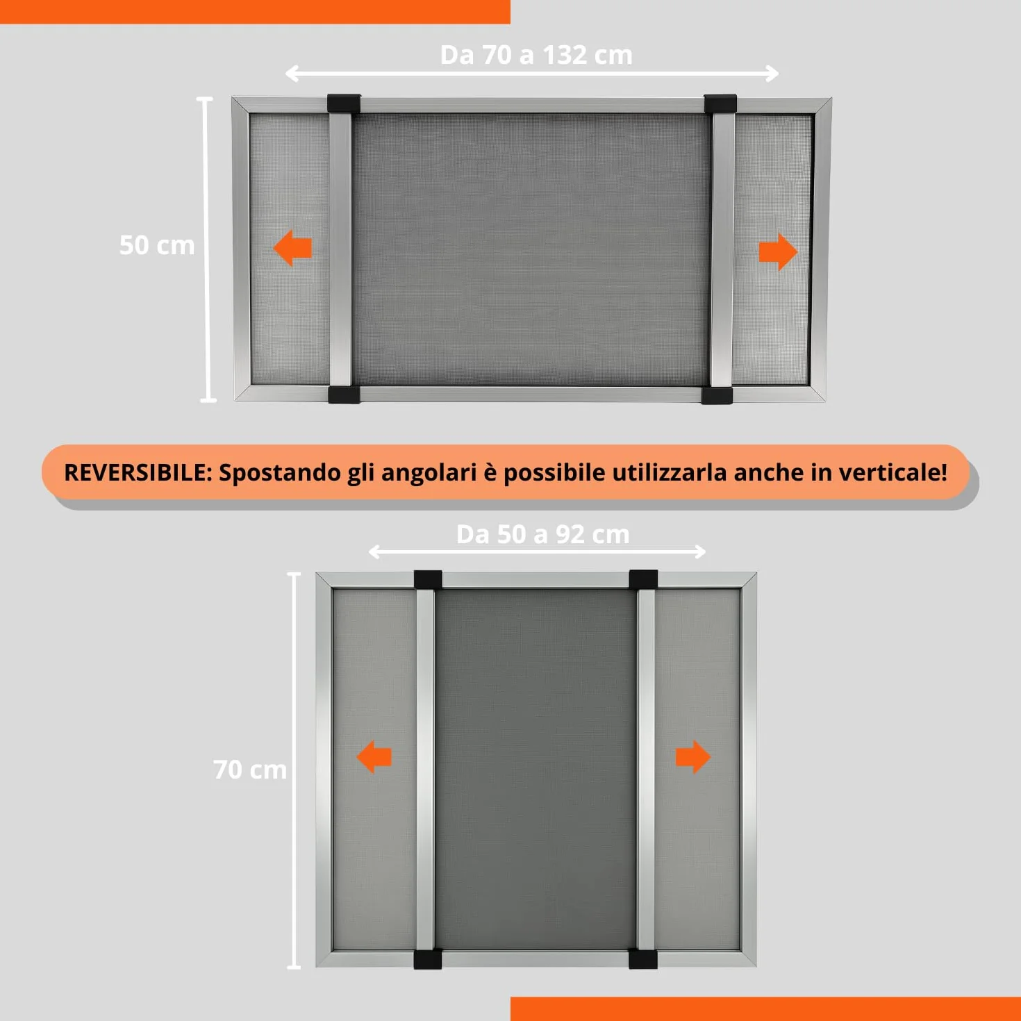 Zanzariera Estensibile in Fibra di Vetro con Telaio in Alluminio Silver H50x70/132 cm per Finestre