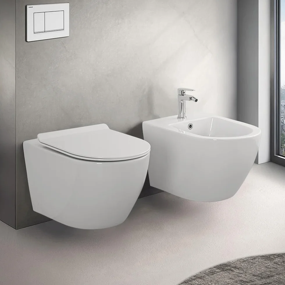 Set Sanitari Vaso + Bidet Sospesi Rimless Bianco con Copriwater Soft-Close