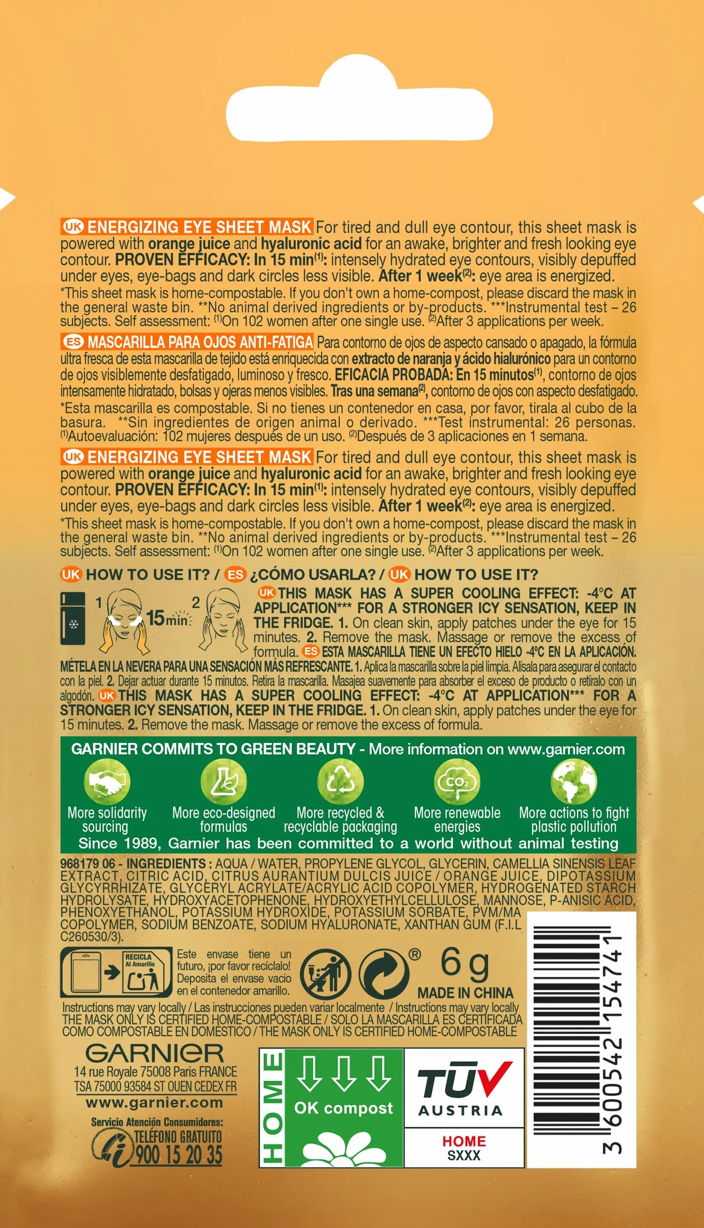 Garnier Skincare Maschera Occhi Anti Fatica con Succo d'Arancia e Acido Ialuronico, 6 g