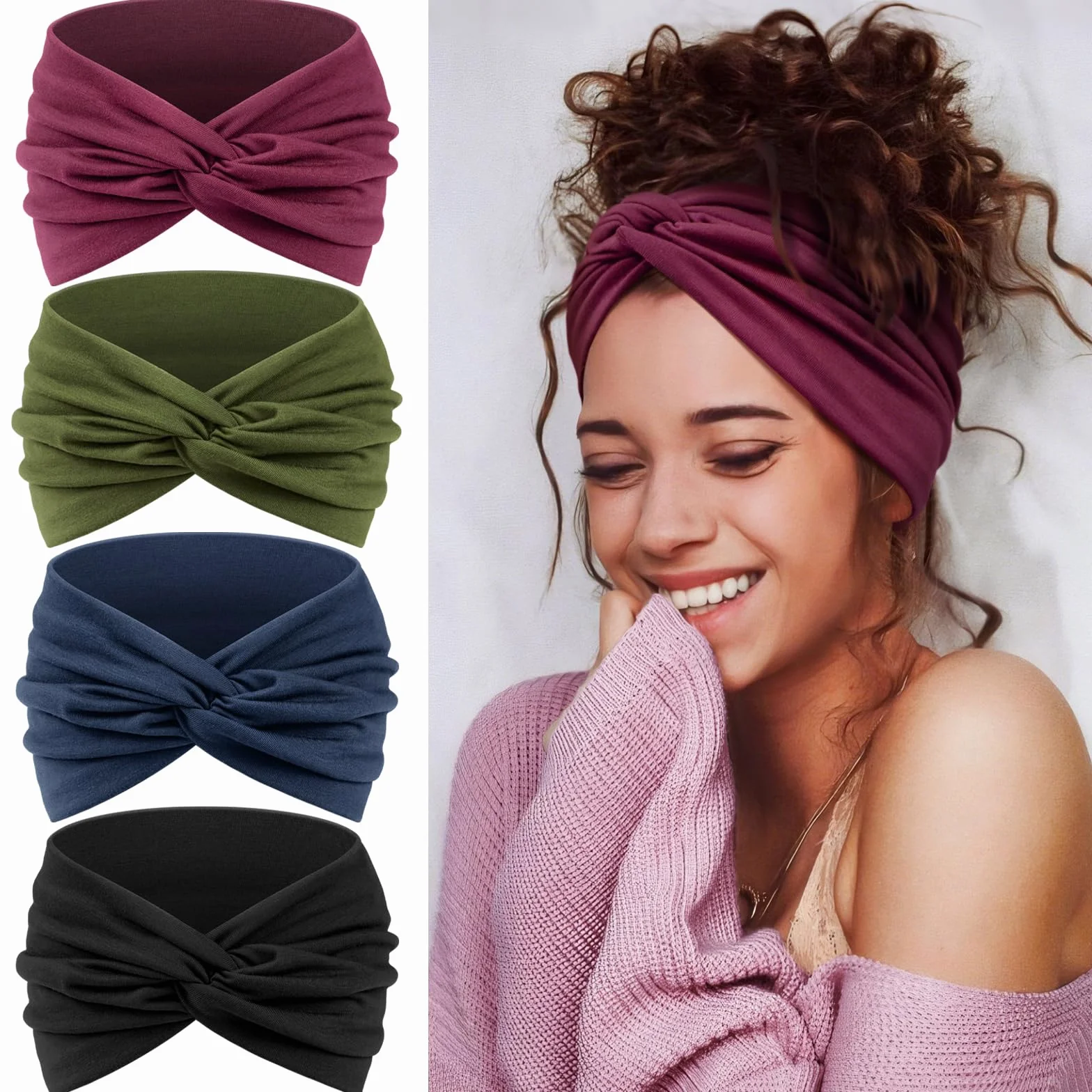 Fascia Capelli Donna 4 Pcs Cerchietto Capelli Donna – 7'' Fasce per Capelli Elastici Turbante per Yoga, Fitness & Skincare –Larga Sport Headband Accessorio Capelli