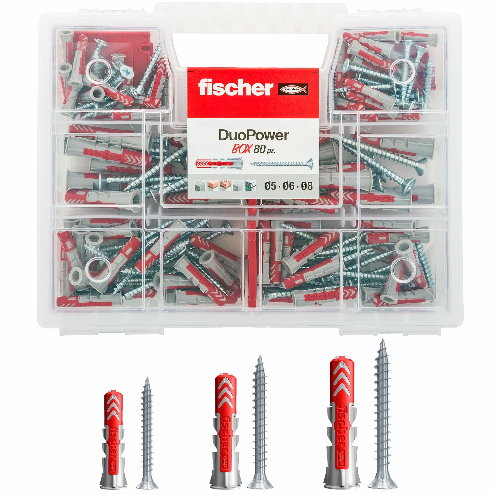 Fischer DUOPOWER Kit Valigetta 80 Tasselli Universali per Muro Pieno, Mattone Forato, Cartongesso, Calcestruzzo