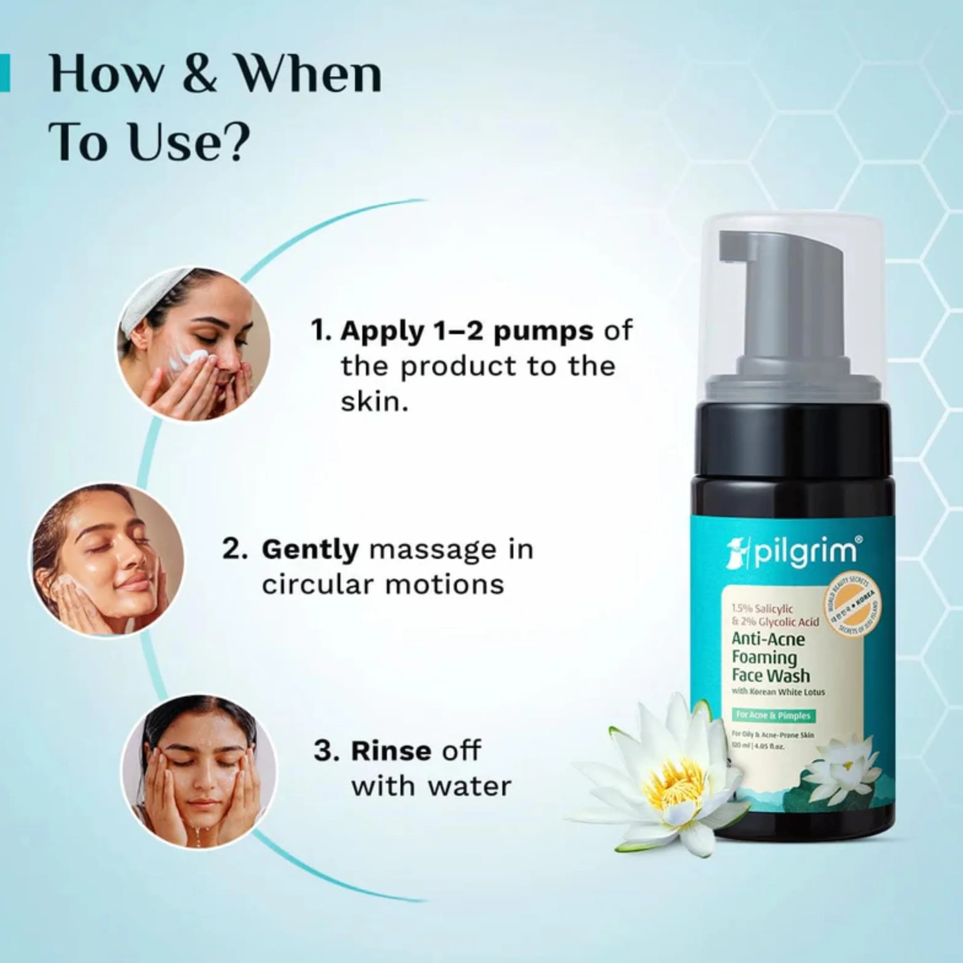 Pilgrim Detergente viso schiumogeno coreano 1,5% salicilico (Bha) e 2% acido glicolico (Aha) per pelli grasse e soggette ad acne Lavaggio viso glicolico e acido salicilico per uomini e donne Prodotti
