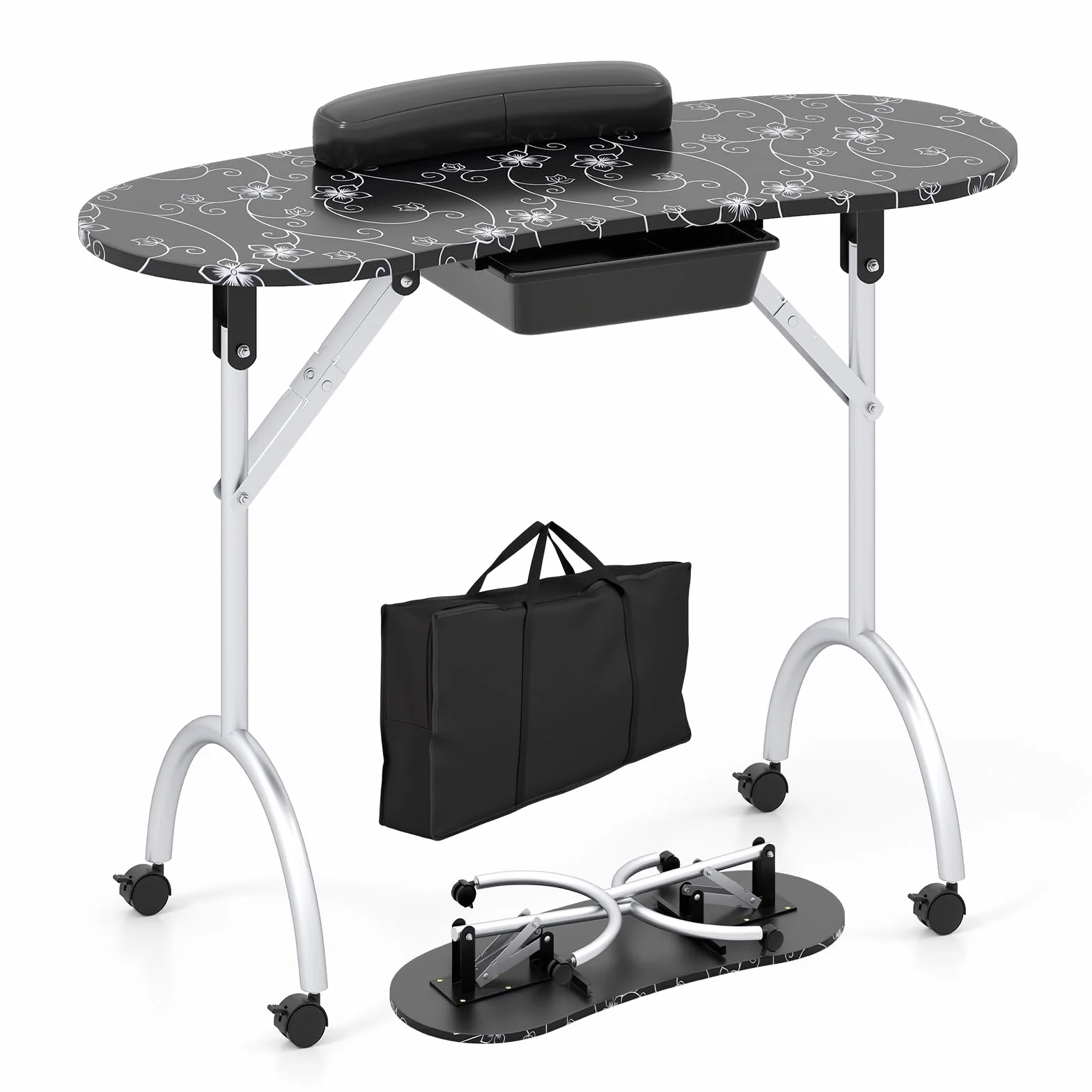 COSTWAY Tavolo Manicure Pieghevole, Tavolo Unghie Estetista Portatile con Ruote, Cassetto, Cuscino Poggiapolsi e Borsa