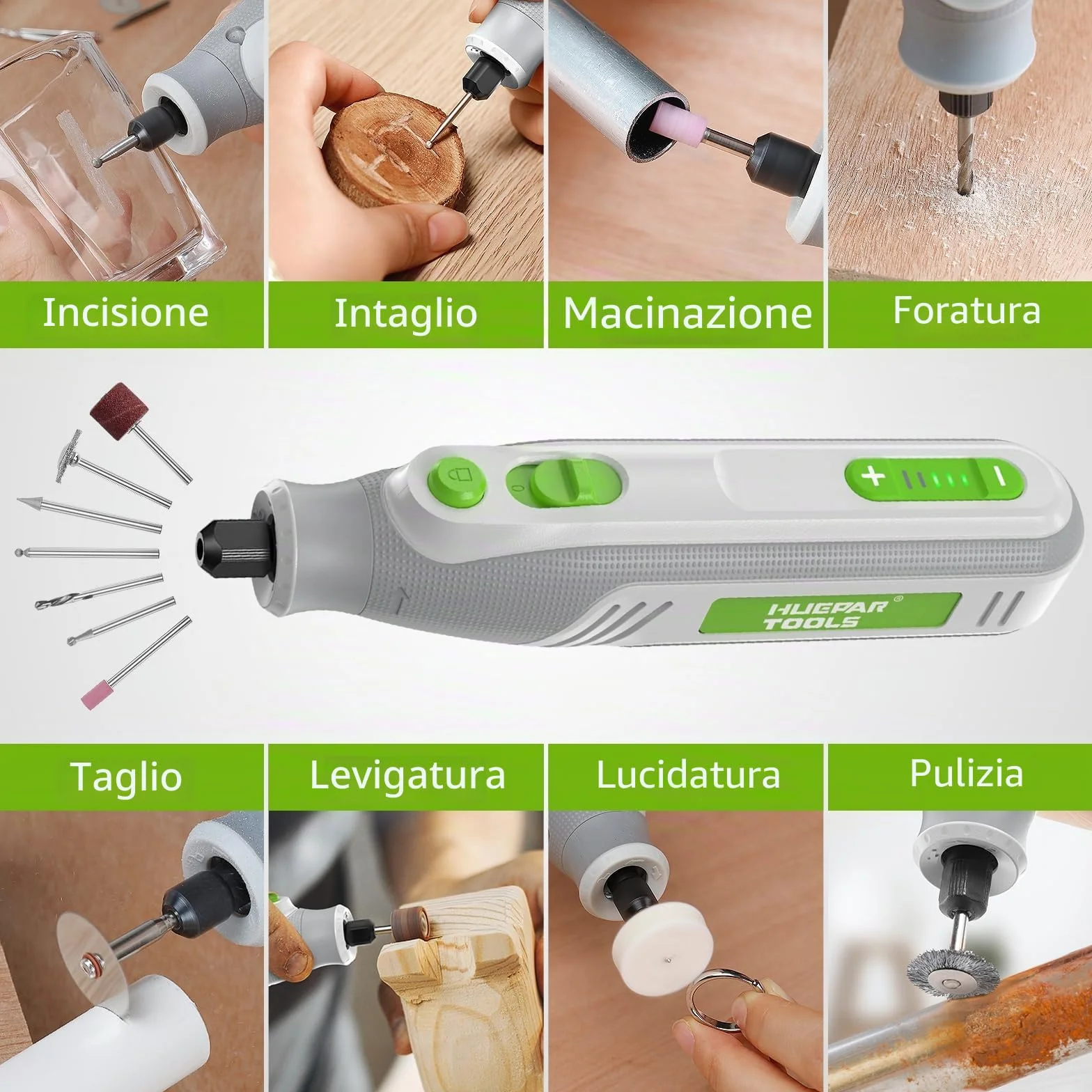 Huepar Tool Mini Trapano 4V MAX Utensile Multifunzione a batteria 51 Accessori Strumenti Rotativi 5 Marce 5000-25000 giri/min