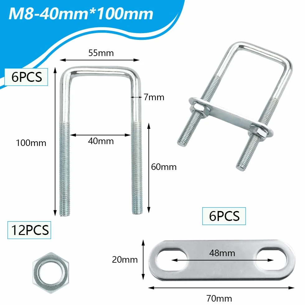 Bulloni a U Quadrato M8 40 x 100 mm Acciaio Inox con Piastra del Telaio e Rondelle, 6 Pezzi