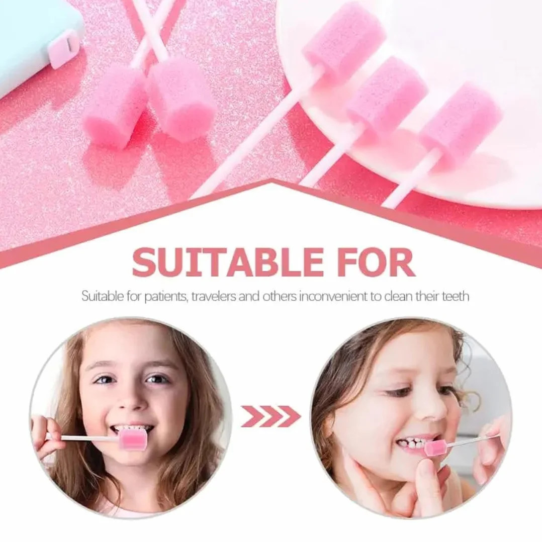 100 tamponi in spugna per l'igiene orale, usa e getta, con bastone, rosa, comodi tamponi dentali per la pulizia dei denti