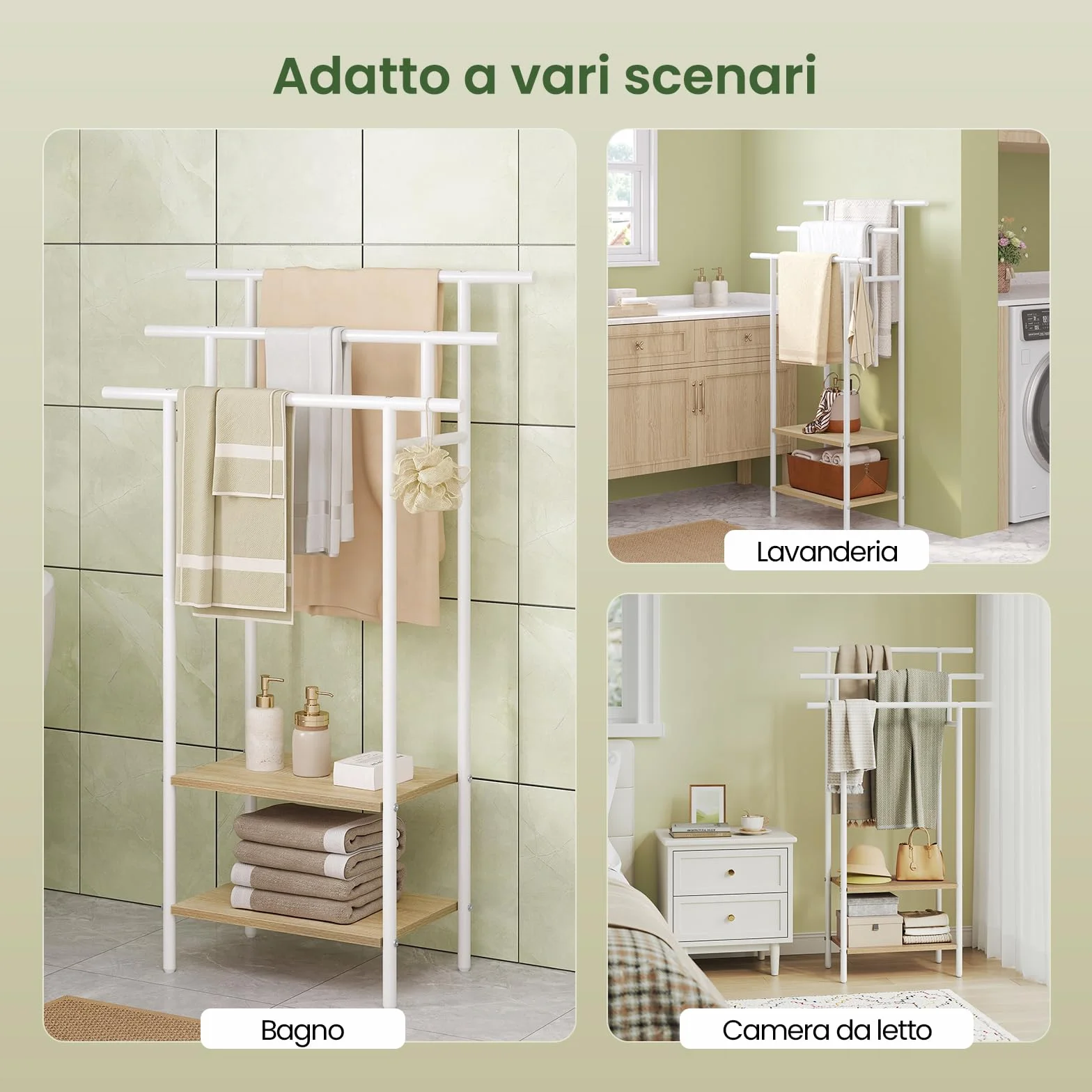 Portasciugamani Indipendente a 3 Livelli, Metallo Bianco + Legno Massello Effetto Rovere