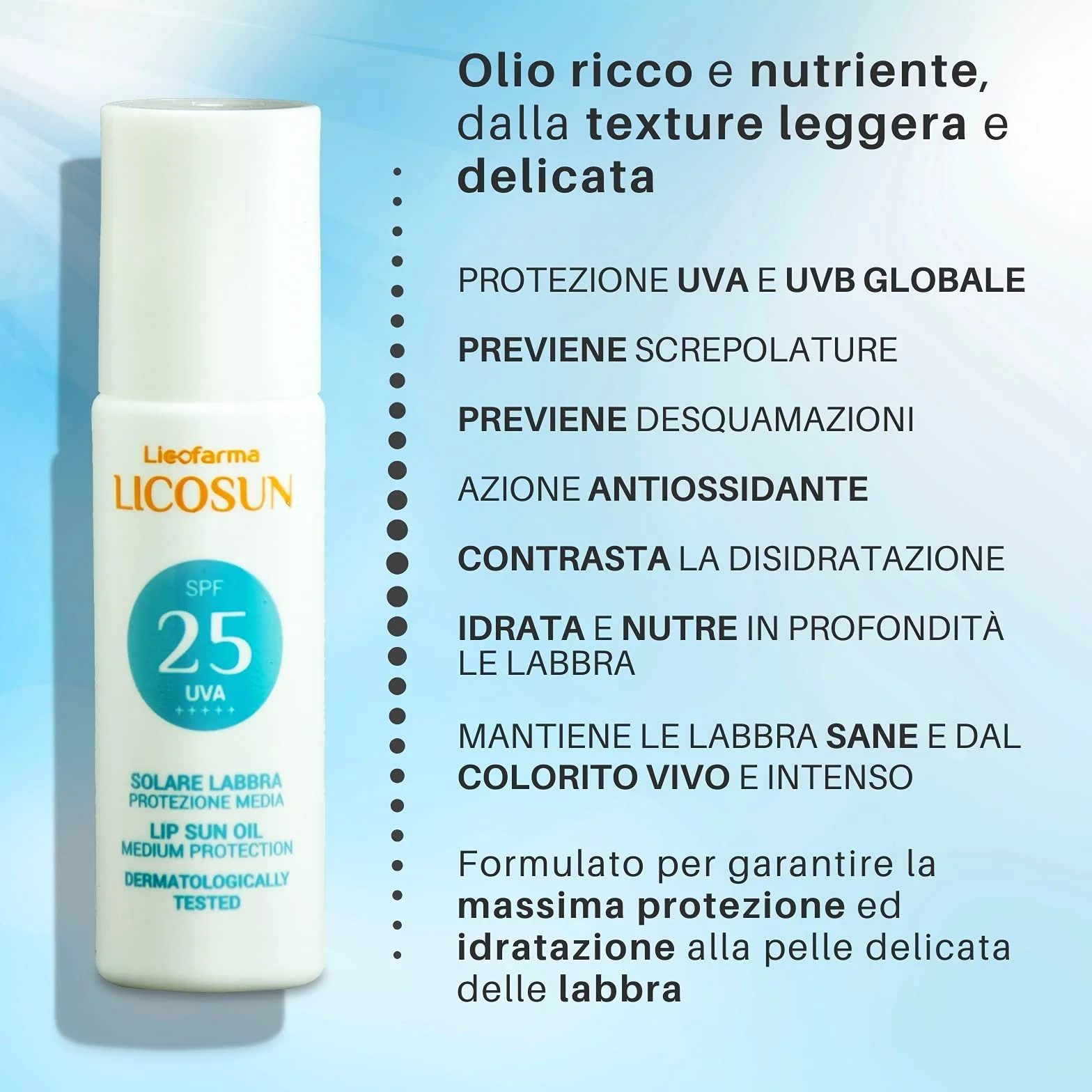 Licofarma Olio Solare Protezione Labbra SPF 25 con Roll-on. Protezione UVA UVB, Azione Antiossidante. Idratante e Nutriente sulle Labbra.