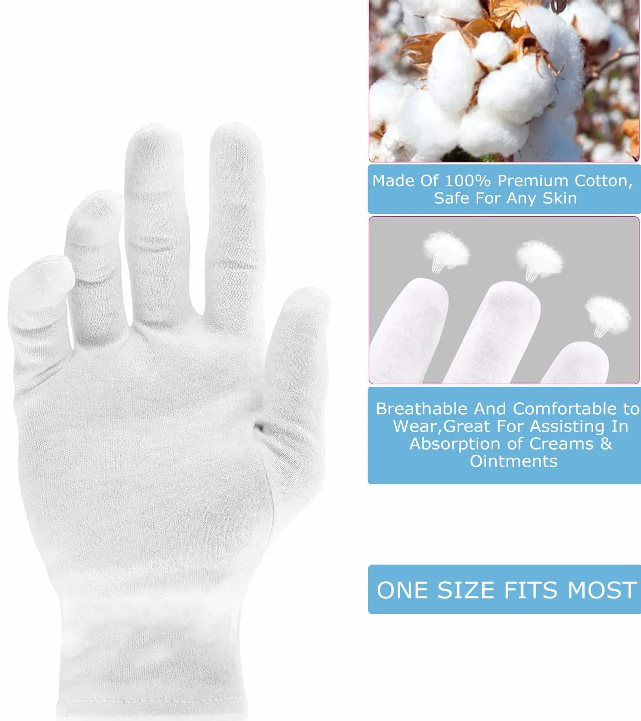 2 paia di guanti idratanti in cotone per notte ispezione cosmetica in cotone bianco panno di alta qualità eczema pelle secca sensibile irritata spa terapia sicura braccialetto taglia unica