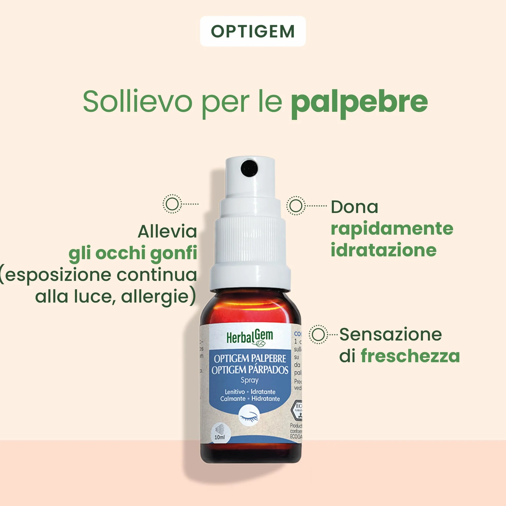 Herbalgem- Spray Palpebre Bio Optigem - Sollievo per Occhi Stanchi e Irritati - Spray Idratante Lenitivo al Fiordaliso -10 ml
