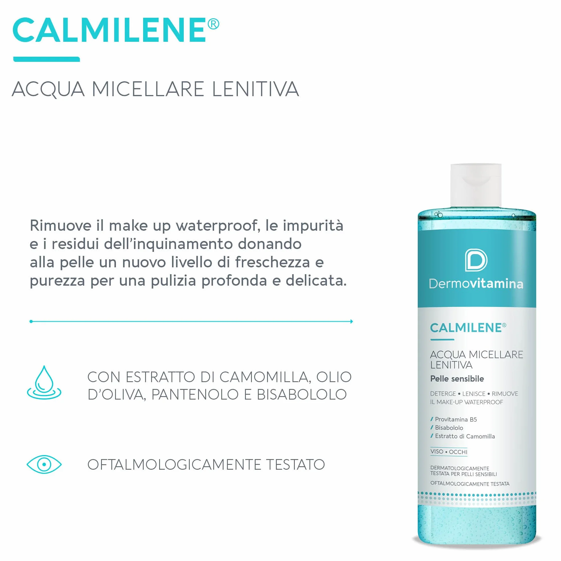 Dermovitamina Calmilene - Acqua Micellare Lenitiva - Struccante Occhi Delicato - Detergente Viso -Con Estratto di Camomilla ed Estratto di Olio d'Oliva - Per Pelle Sensibile - 500ml