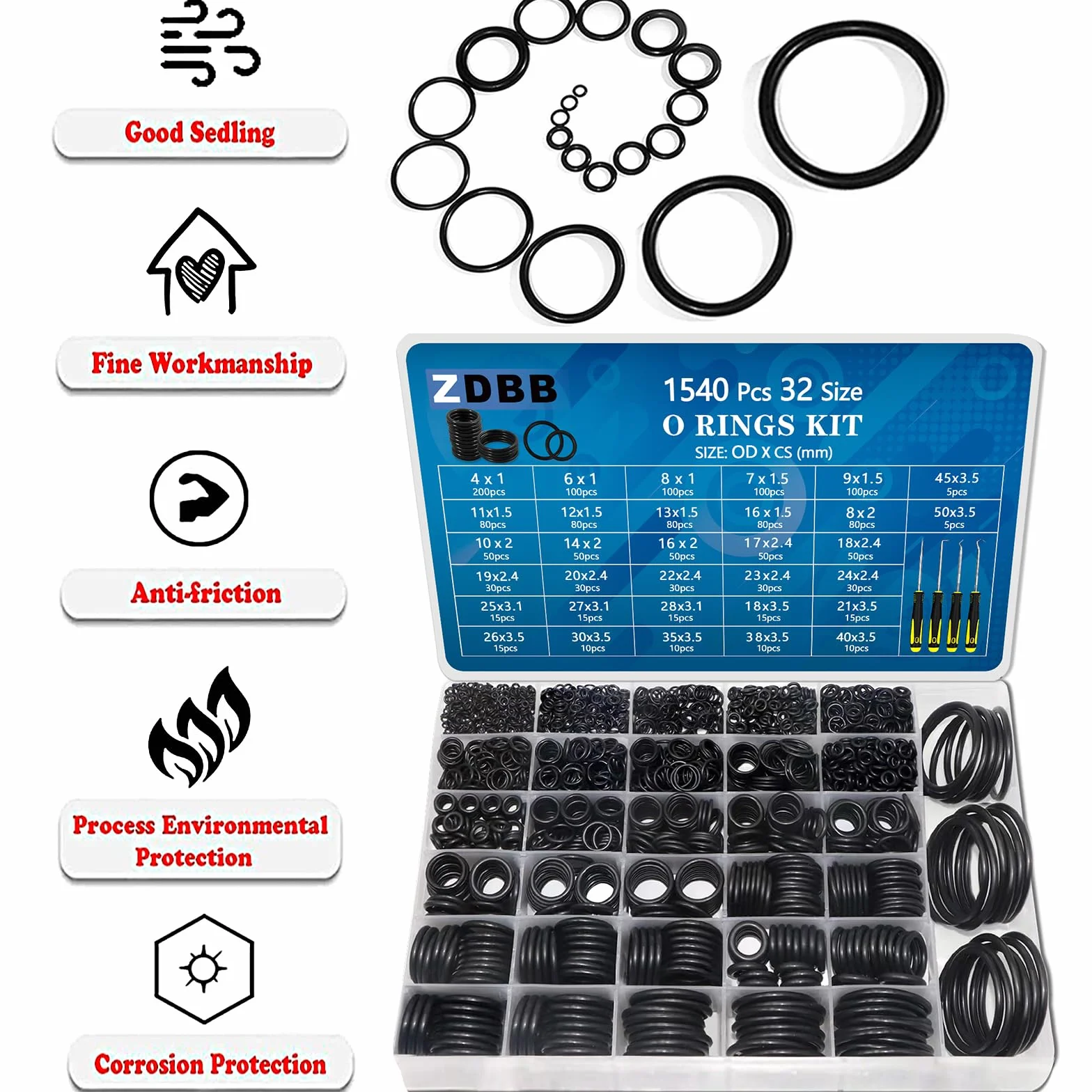 ZDBB O Ring Assortment Kit 1540 Pezzi Gomma Nitrilica Set con Pick per Rubinetto OD 4mm-50mm