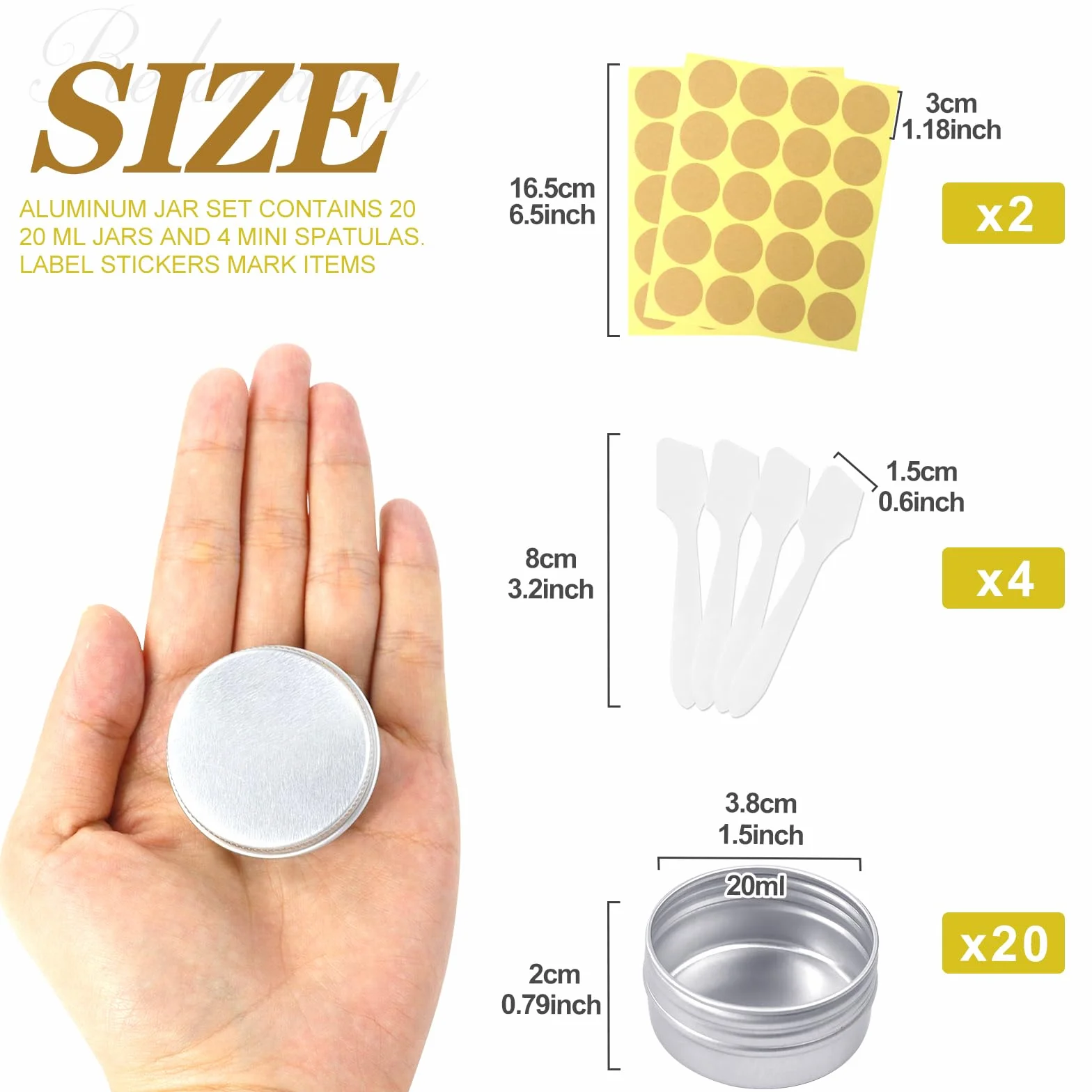 Redamancy 20 Pezzi Argento Lattina Alluminio, Barattoli Metallo, Contenitori Cosmetici con copri di Vite e etichette e Mini Spatola, per Candele Cosmetico Caramella Gadget Balsamo Labbra(20 ml)