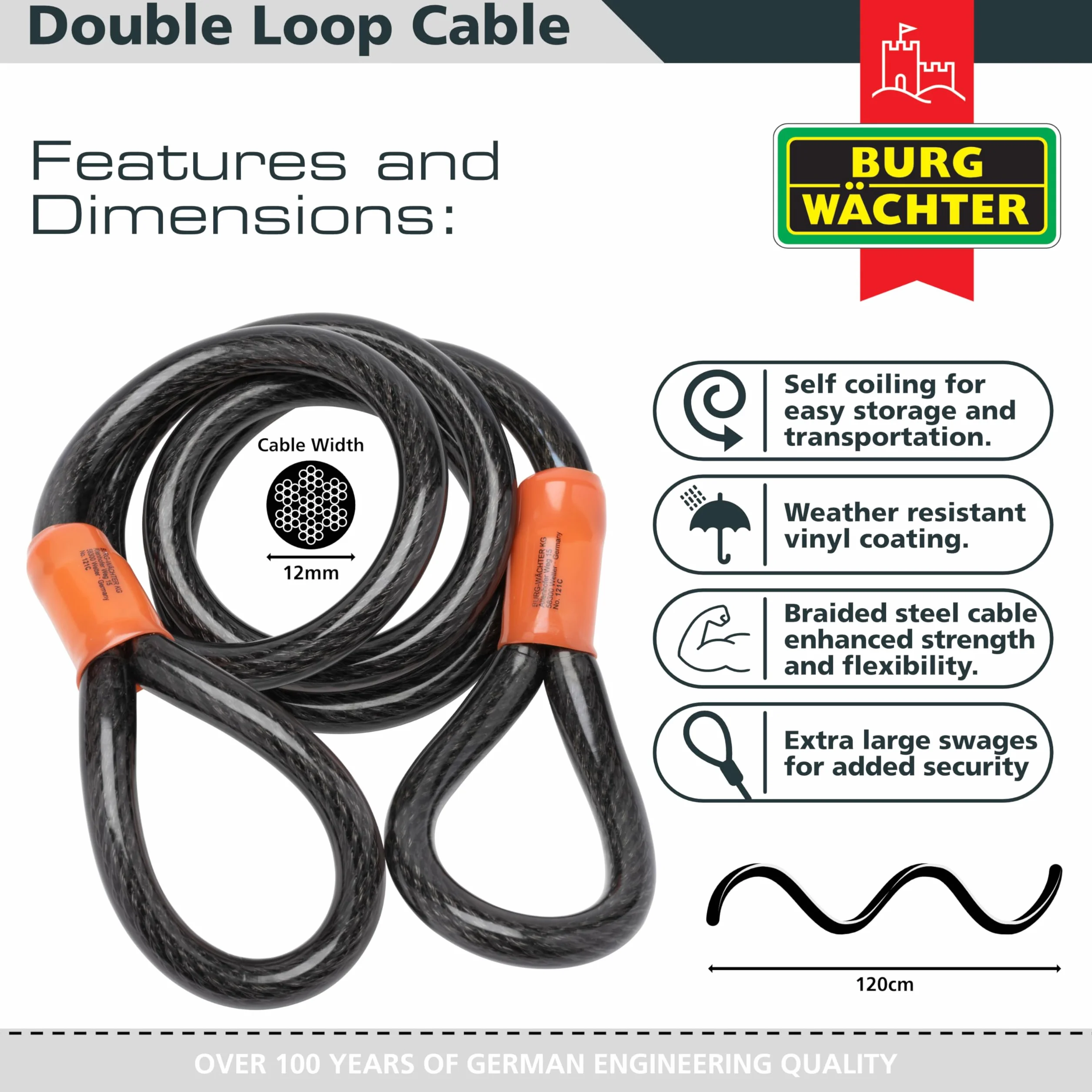 Burg-Wächter Cavo Intrecciato in Acciaio 121C 12 mm x 1,2 m Nero