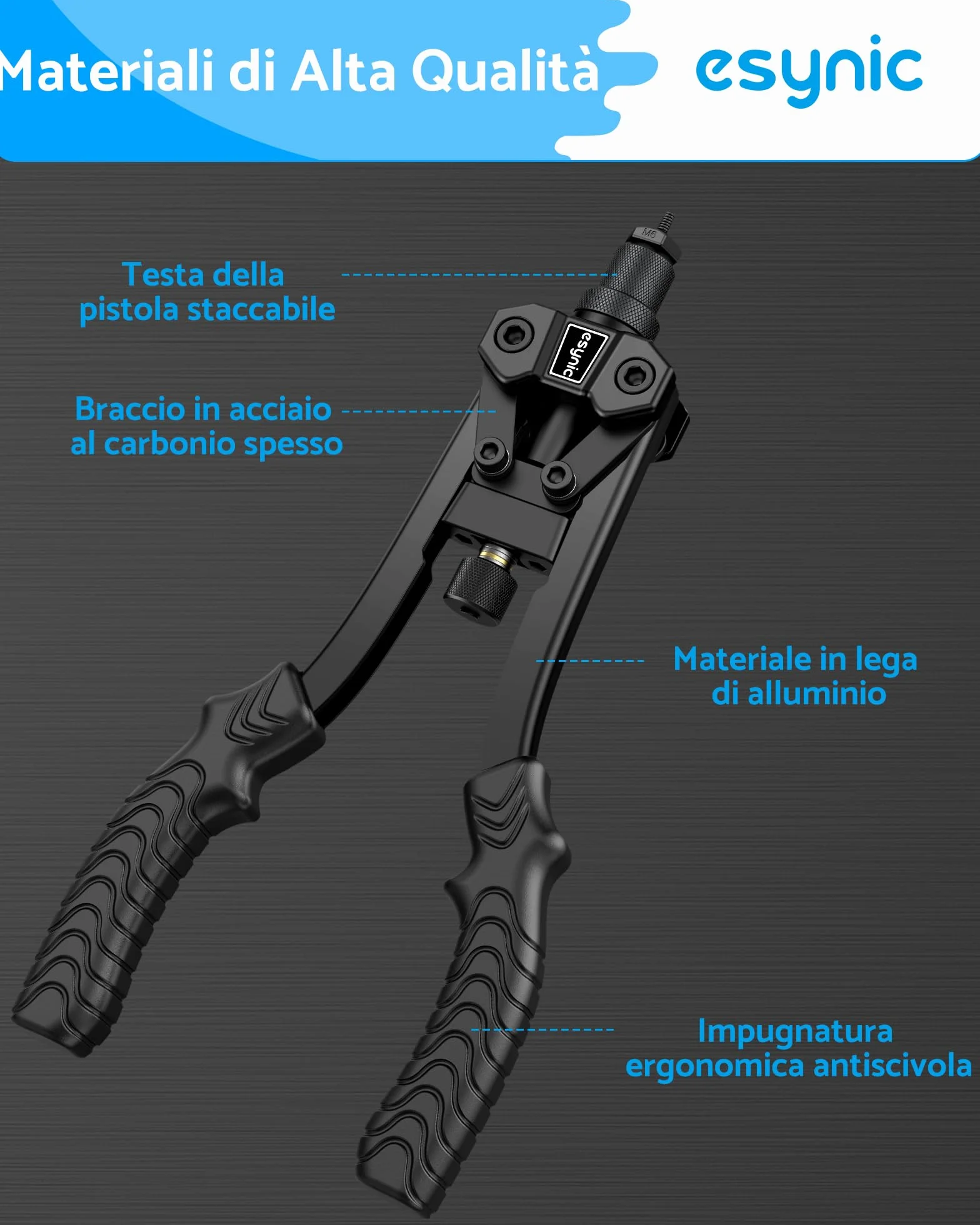 eSynic Rivettatrice Professionale 12" 125 Dadi Rivetti M3-M10 6 Mandrini Valigetta Nero