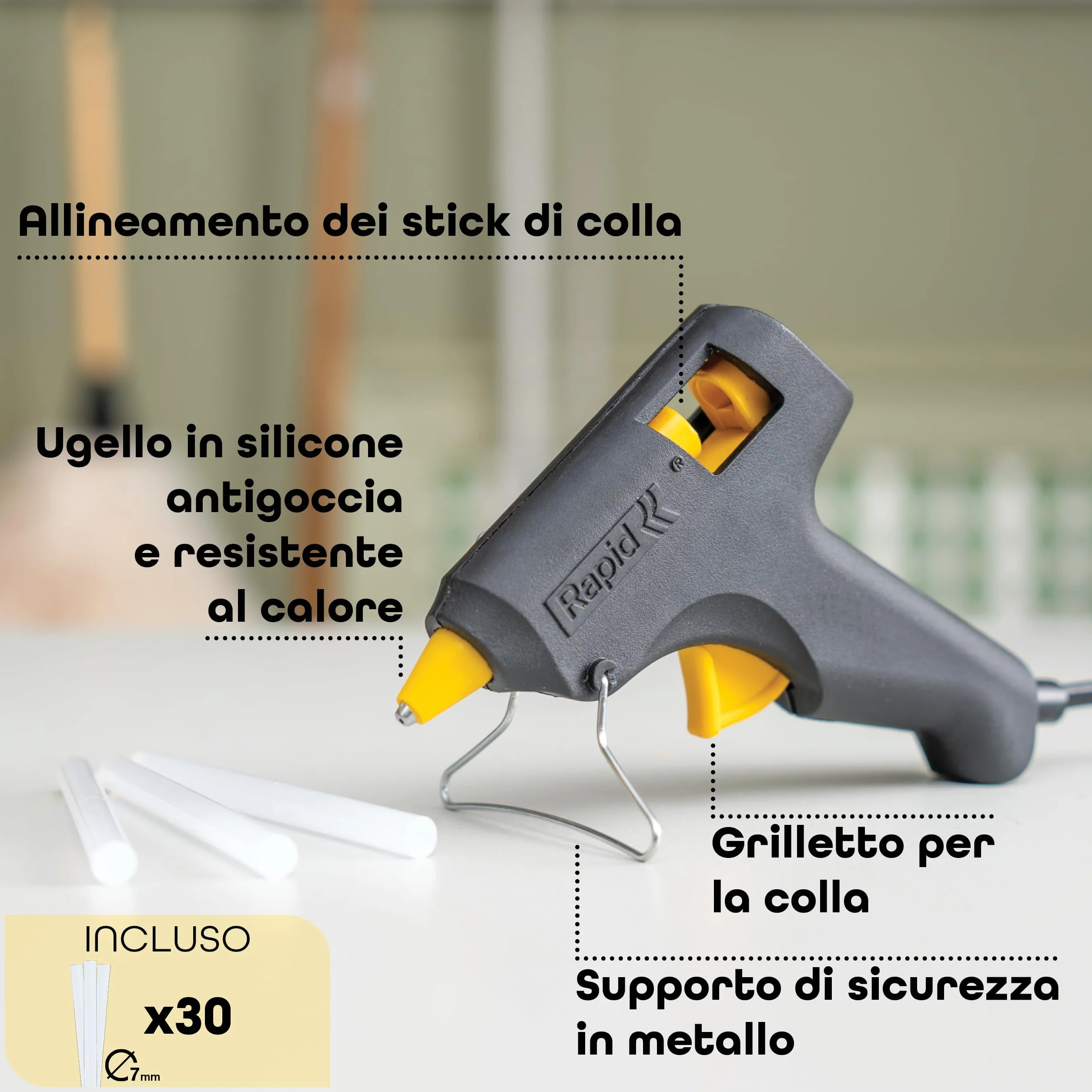 Rapid Pistola per Colla a Caldo Hobby 7 mm 100 g/h 10 Minuti con 30 Stick Trasparenti