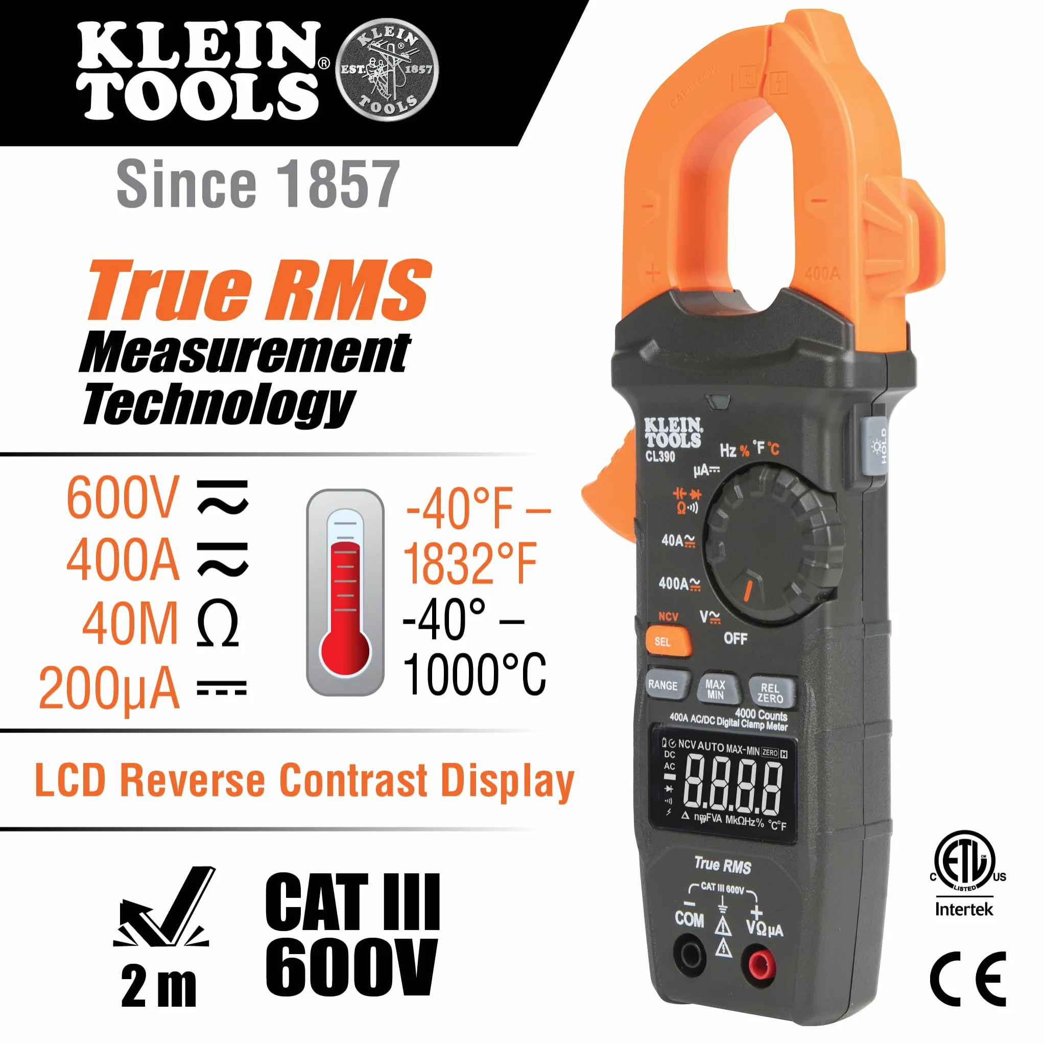 Klein Tools CL390 Pinza amperometrica digitale AC/DC auto-rangeante 400 A Display LCD ad alta visibilità Rilevamento tensione senza contatto