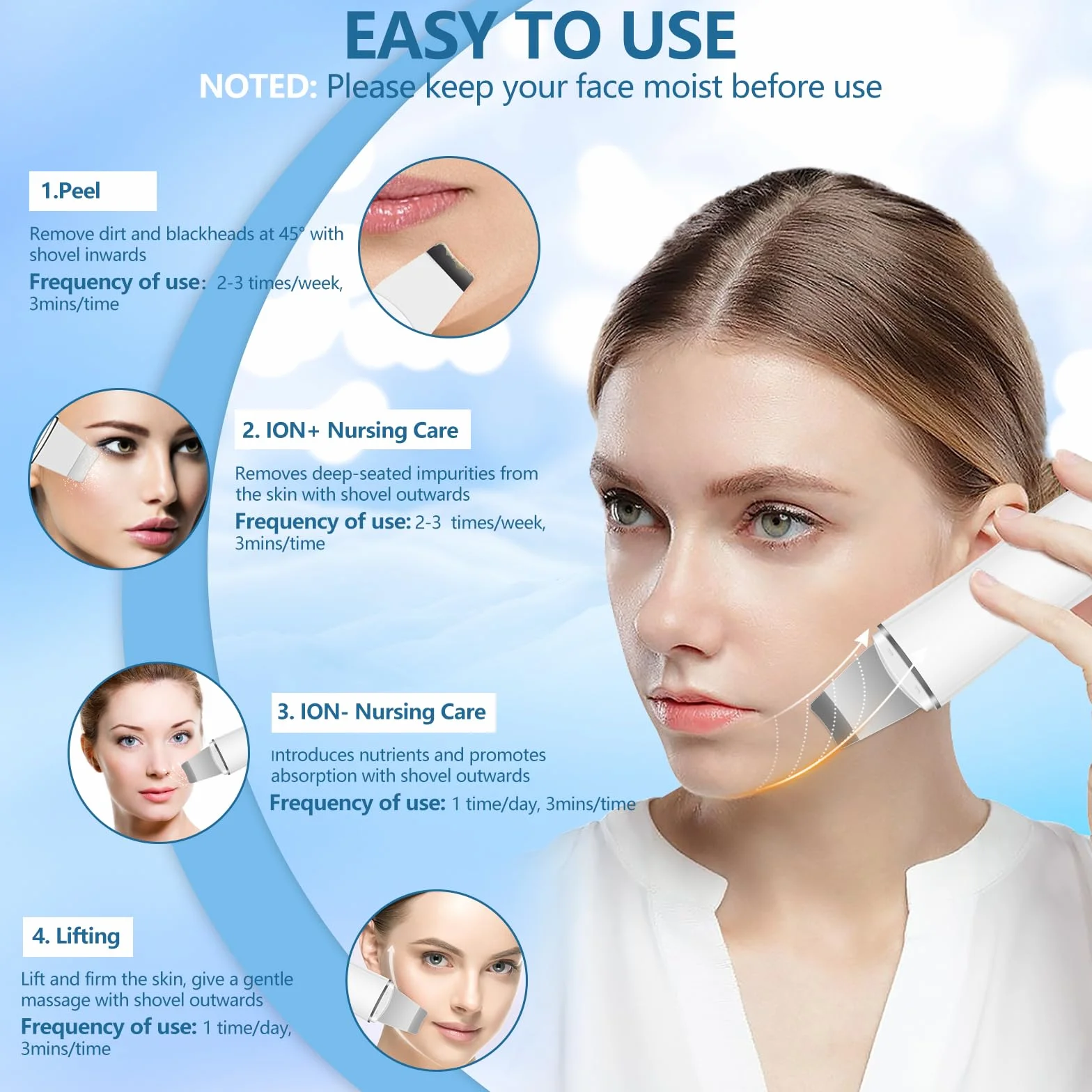 ACWOO Pulizia Viso Ultrasuoni, Skin Scrubber Professionale, Spatola Ultrasuoni Pulizia Viso con 4 Modalità Regolabili, per la Pelle per Pulizia Profonda la Viso Peeling e Rimozione e Punti Neri
