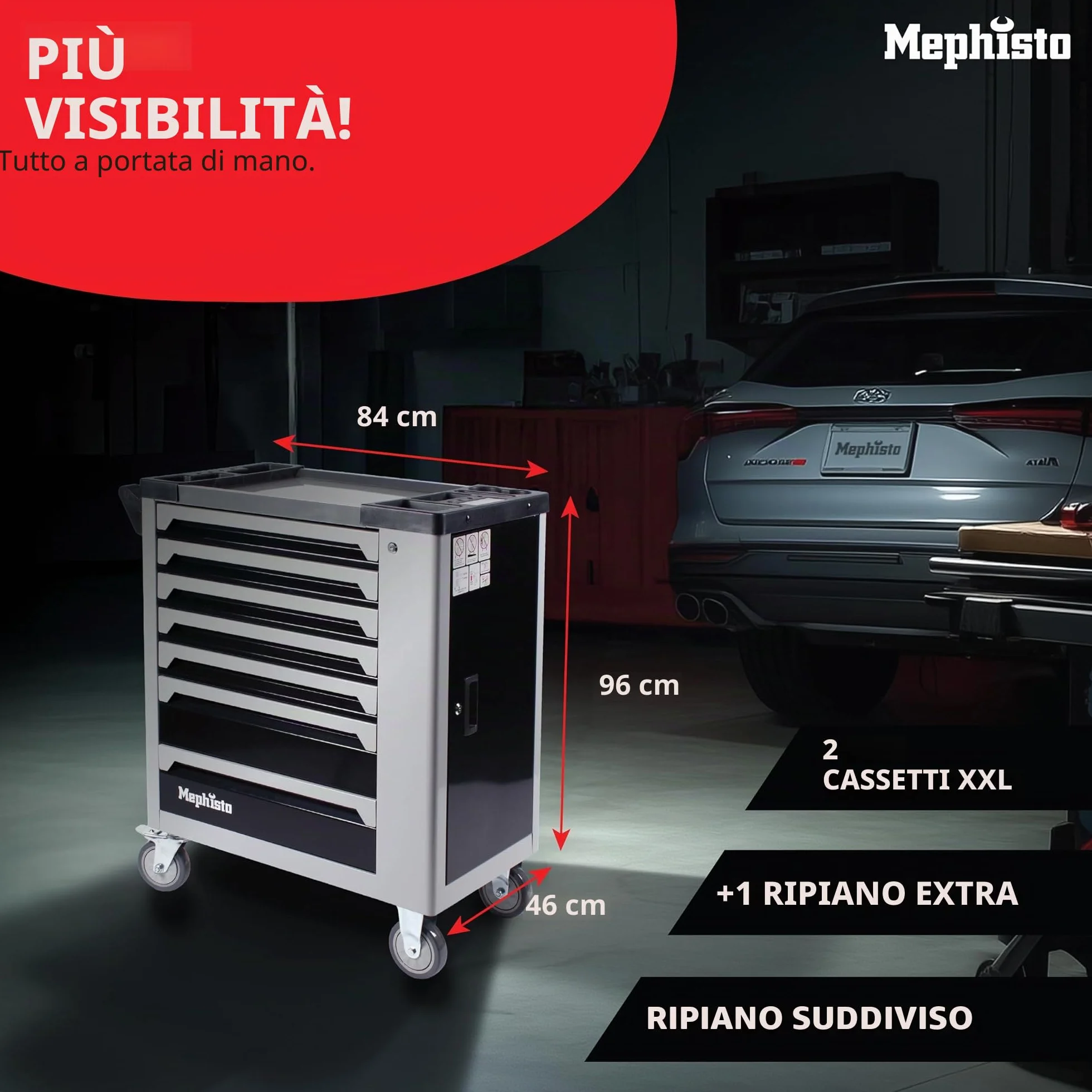 Mephisto XXL Carrello degli attrezzi 7 cassetti inserti morbidi carbonio set chiavi a brugola
