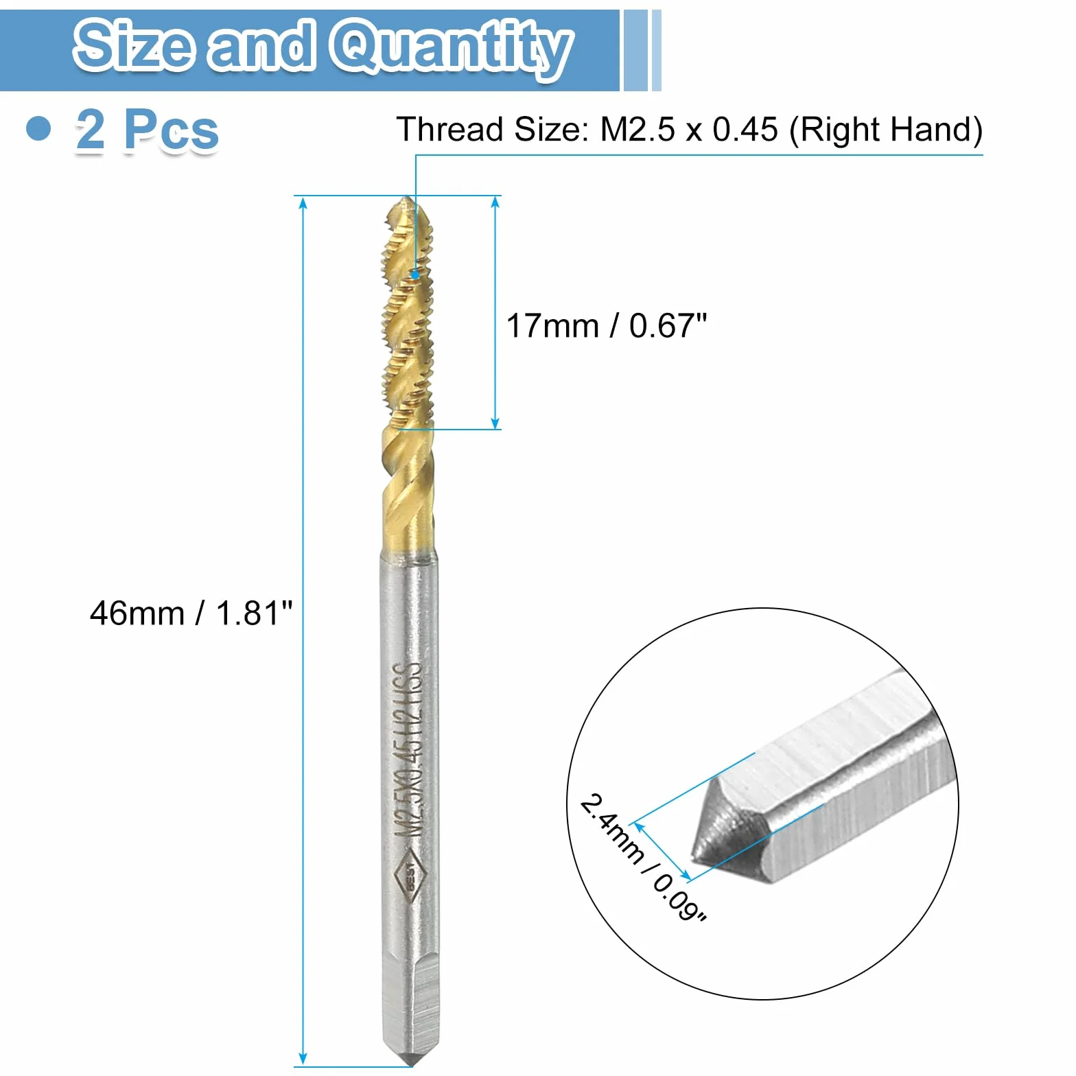 QUARKZMAN Maschi Filettatura Elica M2.5 x 0.45 H2 Rivestimento Titanio Acciaio Rapido 6542 Utensili
