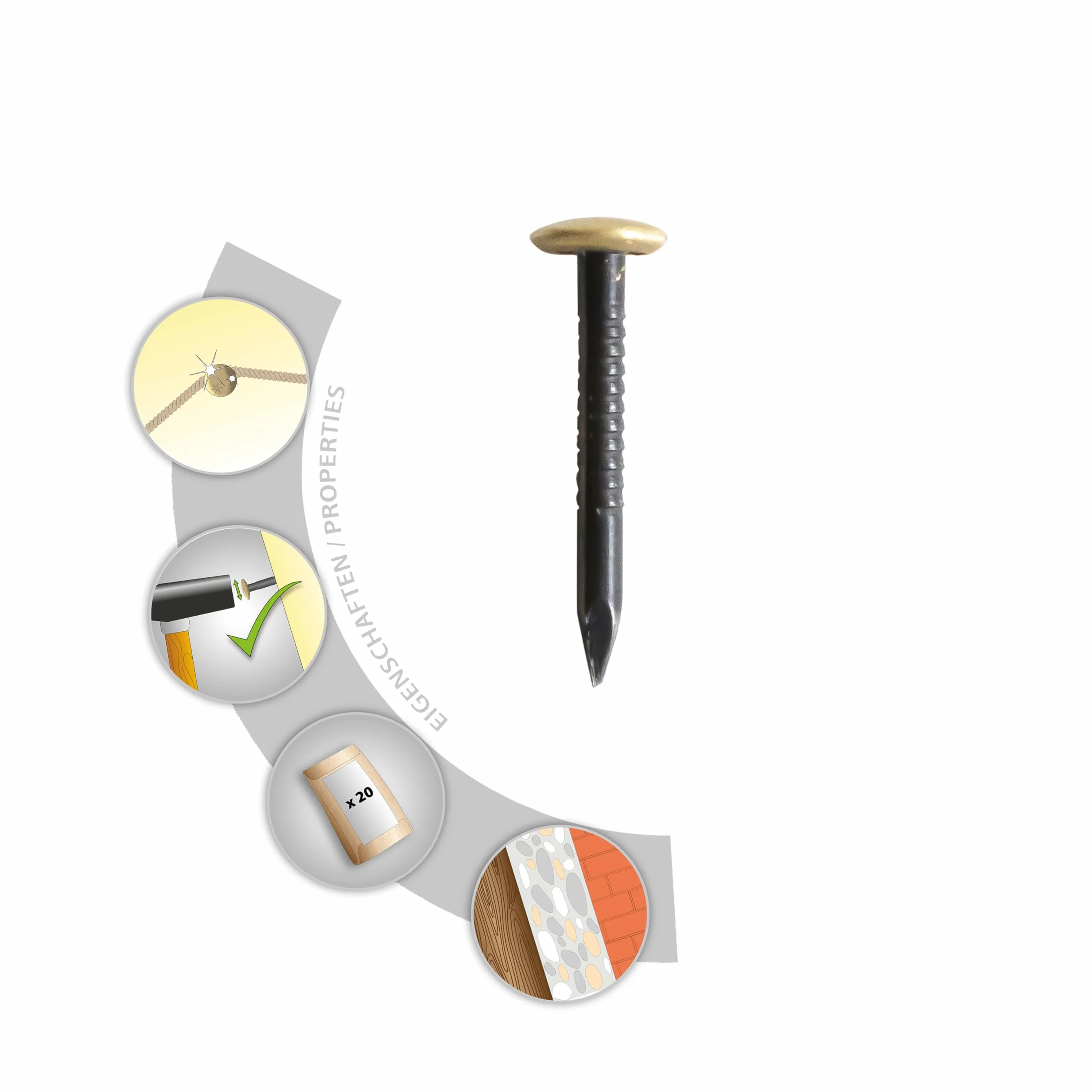 Chiodi per quadri TOX Home Classic 3 misure 2,0x25/30/50 mm acciaio temprato testa ottone martello 300 g 20 pezzi ciascuno