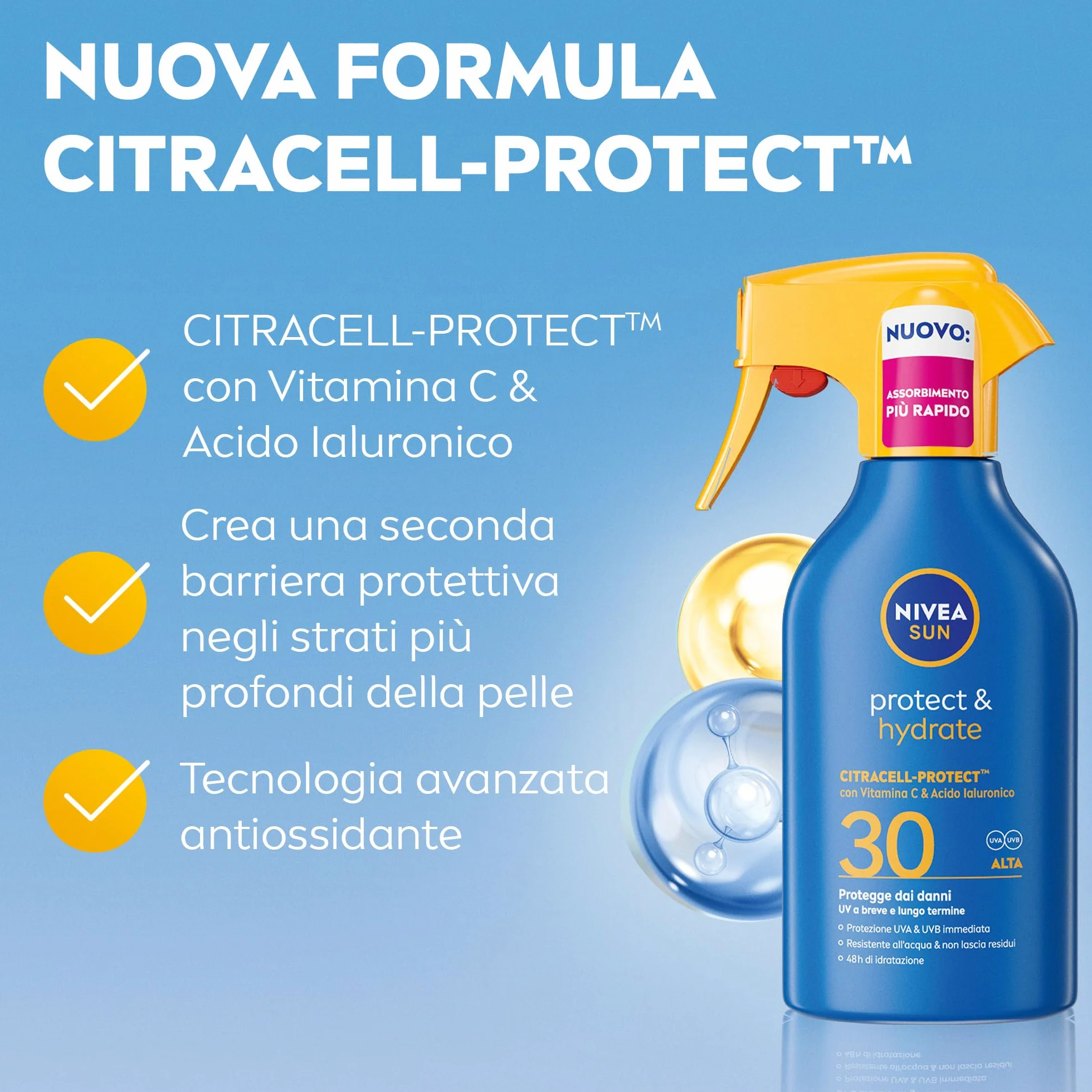 NIVEA SUN Protect & Hydrate Maxi Spray Solare SPF 30 270 ml, Crema solare 30 spray idratante 48h ad assorbimento rapido, Protezione solare 30 resistente all'acqua con Vitamina C e Acido Ialuronico