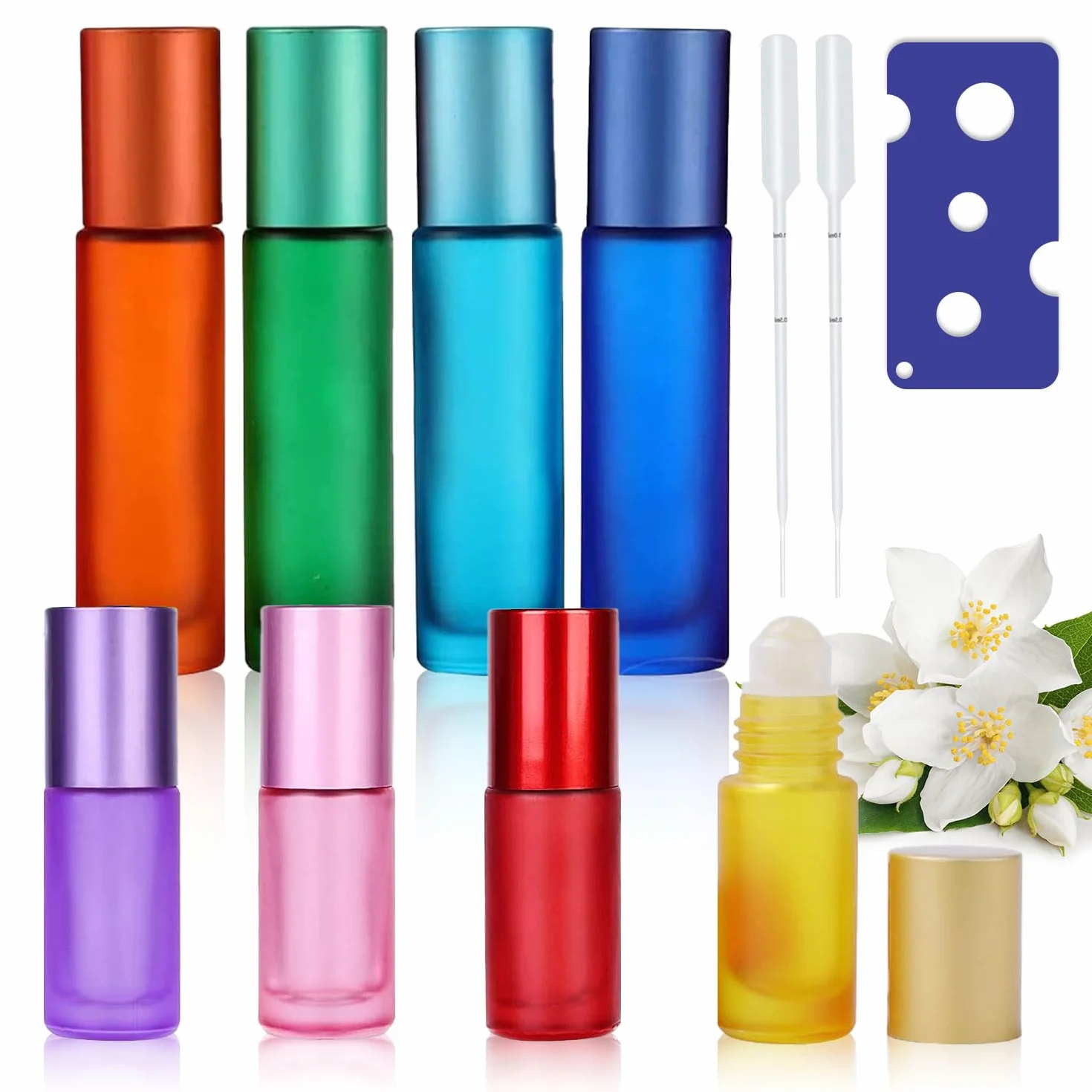 8 bottiglie di vetro Roll on per olio essenziale, riempibili, con pipetta, 10 ml, 5 ml, colori vari, per profumi, massaggi