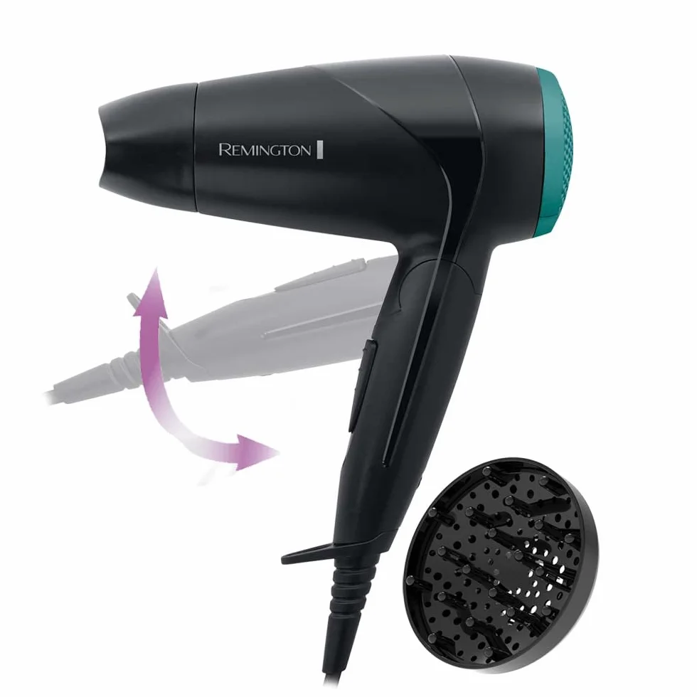 Remington Asciugacapelli 2000W - Pieghevole e Potente - Asciugacapelli da Viaggio, Bacchetta e Diffusore per styling, 2 livelli di riscaldamento e ventola, On The Go D1500