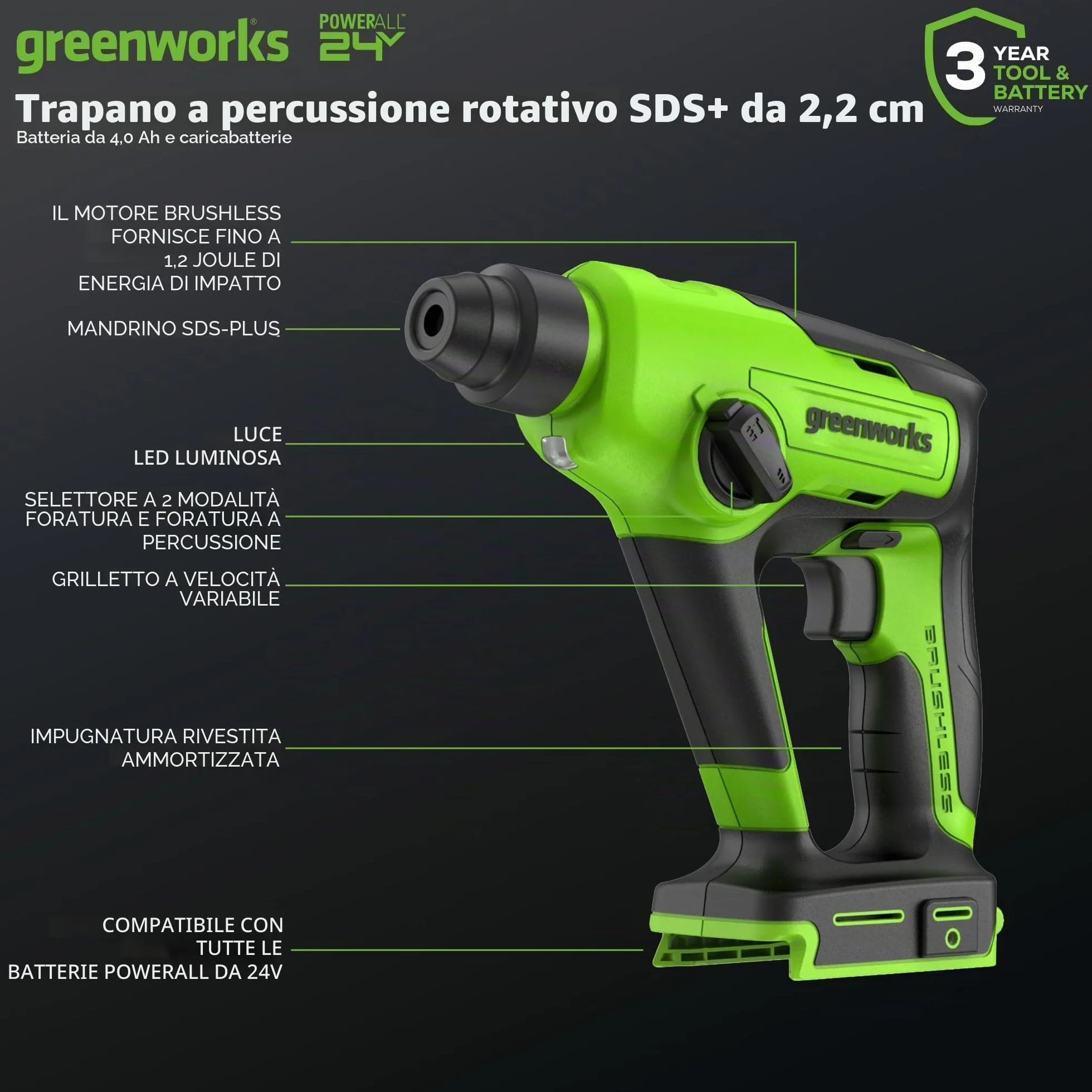 Greenworks Martello perforatore a batteria 24 V 1,2 J 300 Nm 2 Ah