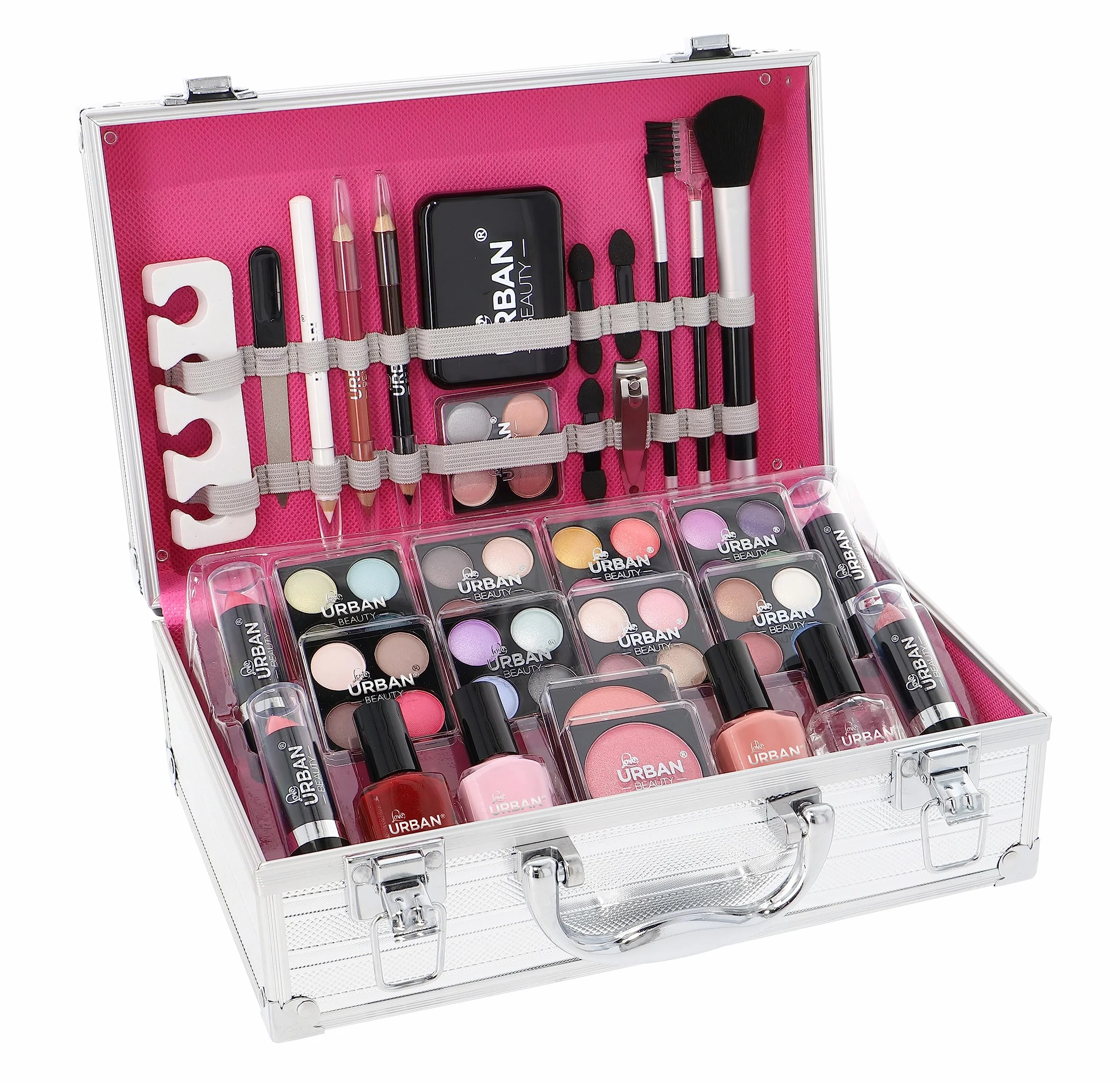 LOVE URBAN BEAUTY Trousse per trucchi – Set trucco da 64 pezzi per adolescenti – Elegante scatola d'argento – Design compatto e leggero – Set trucco da donna adatto ai viaggi