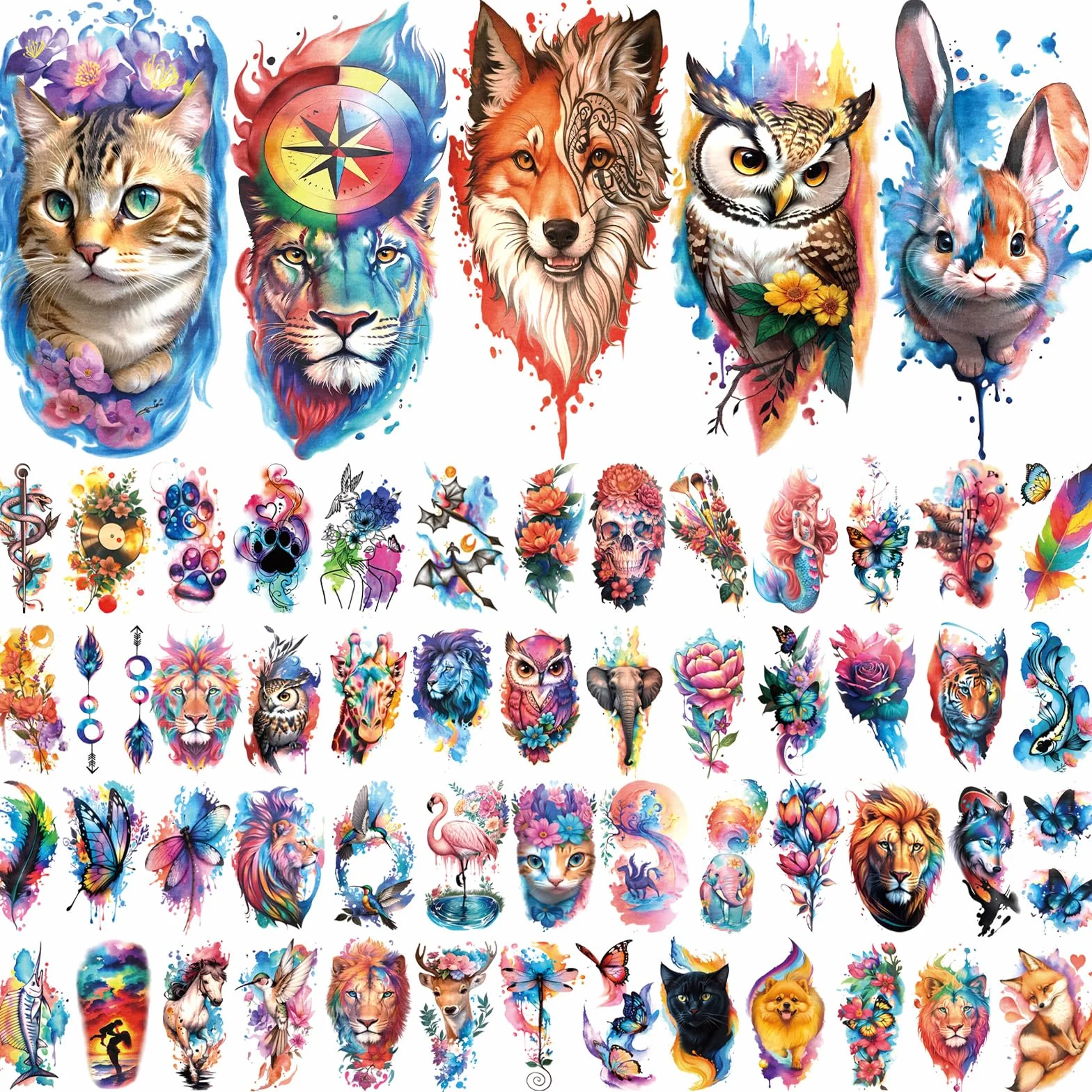 77 Tatuaggi Temporanei Fiori Leoni Tigri, 17 Grandi Disegni Mezzo Braccio Gatti-Gufi-Pappagalli, 60 Mini Lupi Piume Realistici Adulti Bambini