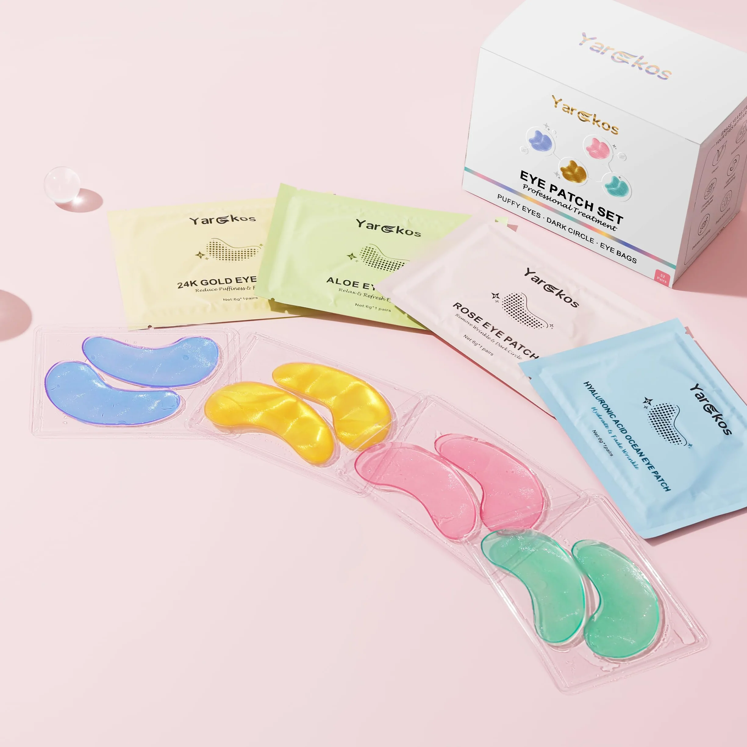 32 paia di cerotti oculari idratanti per occhiaie scure, cuscinetti anti-rughe, 32 set di gel viso per la cura dei viaggi (Oro 24 carati, blu, rosa, verde)