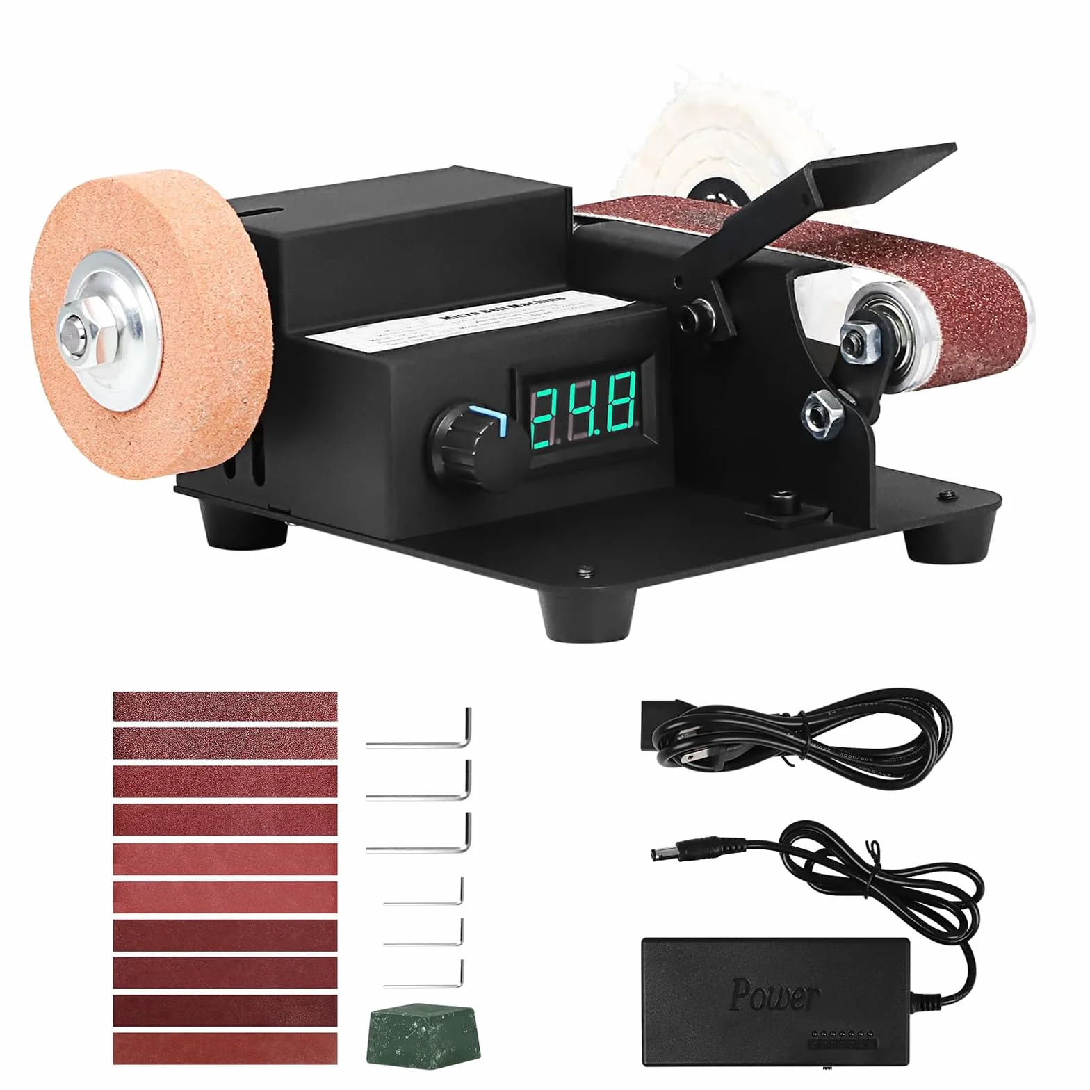 Mini Levigatrice a Nastro Elettrica 350W 10000 giri/min Controllo Variabile Infinito Display LED per Metallo Legno Alluminio