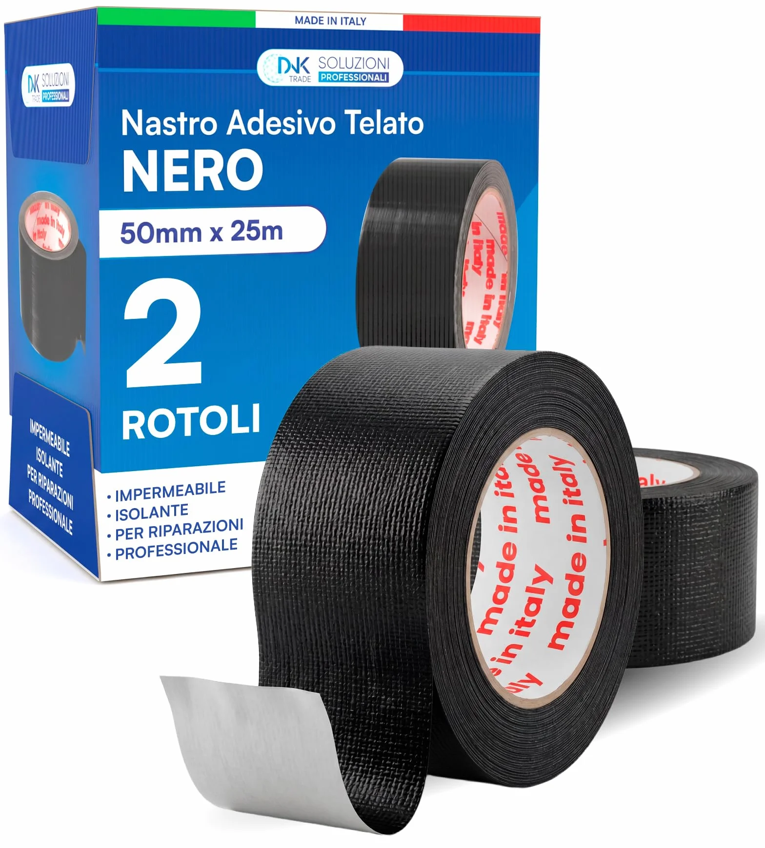 Nastro Adesivo Telato Americano 50mm x 25m Nero Impermeabile Isolante 2 Rotoli