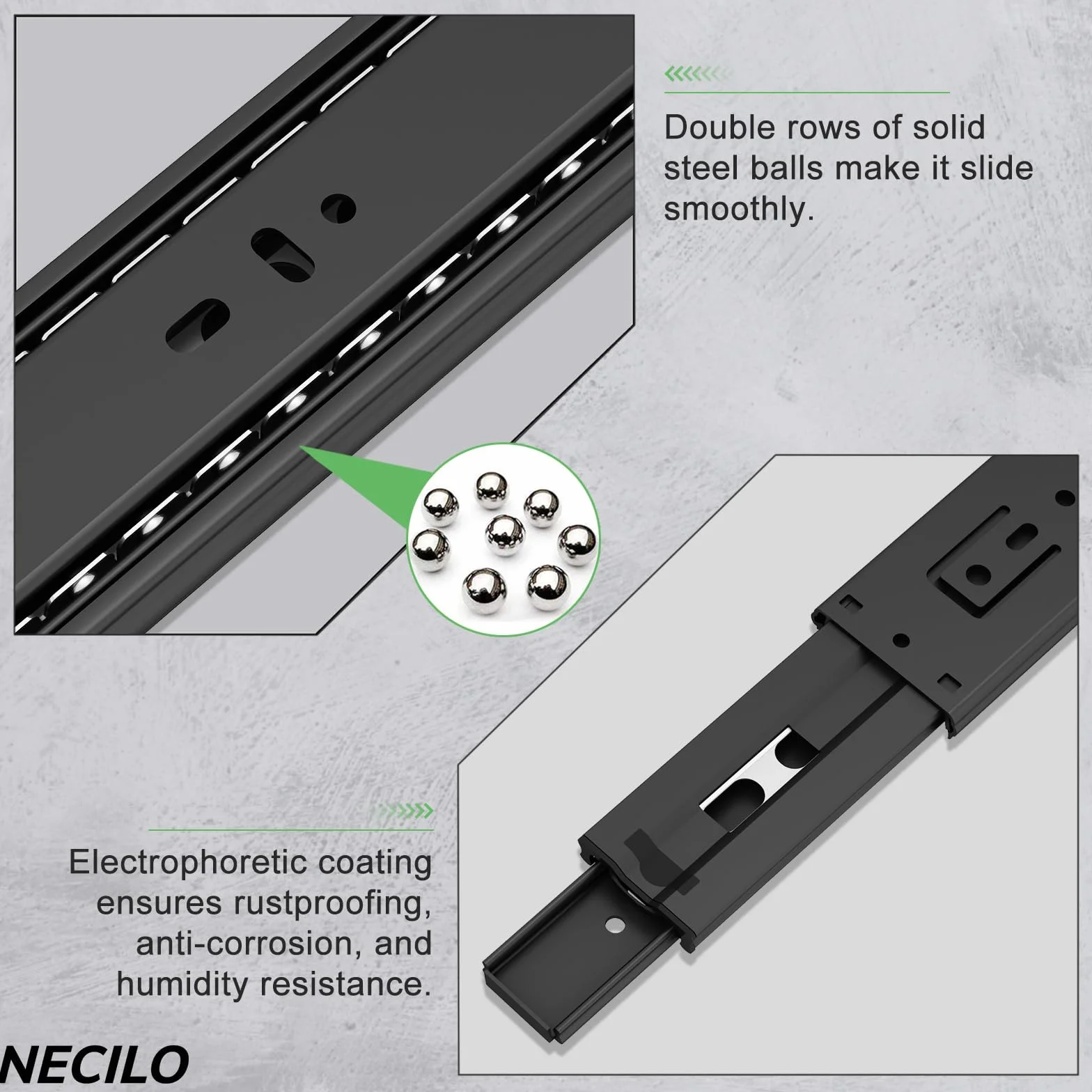 NECILO guide push-to-open cassetti 300mm 45kg estrazione totale cuscinetti a sfera nero 1 coppia 2 pezzi