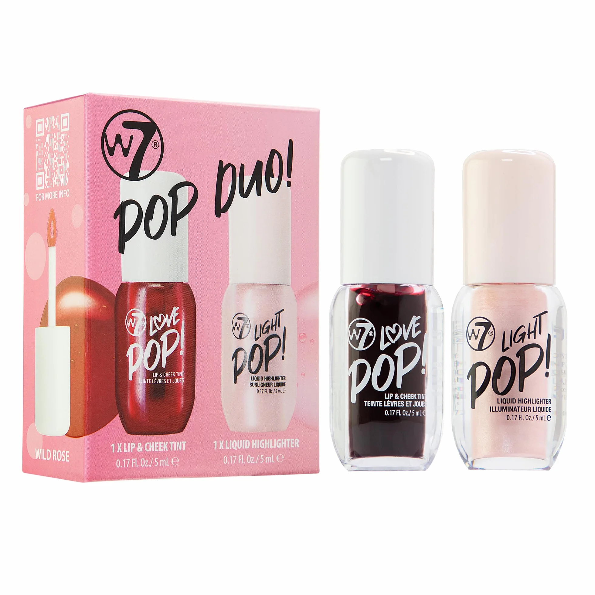 W7 Pop Duo - Set regalo per trucco Love Pop Lip & Cheek Tint + Light Pop Liquid Highlighter - Colore costruibile, Juicy Tint & Glow - 2 x 5 ml