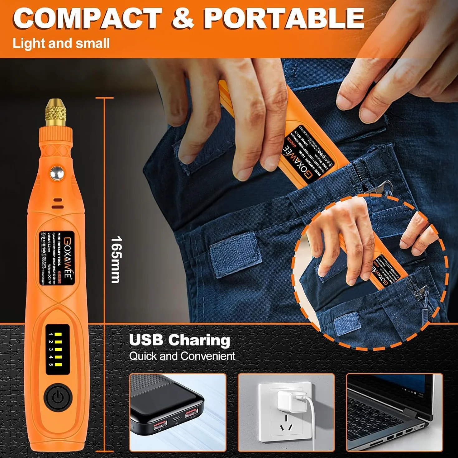 GOXAWEE Mini Trapano 3,7 V Rotativo Multifunzione 104 Accessori Smerigliatrice Incisione Taglio Foratura Lucidatura