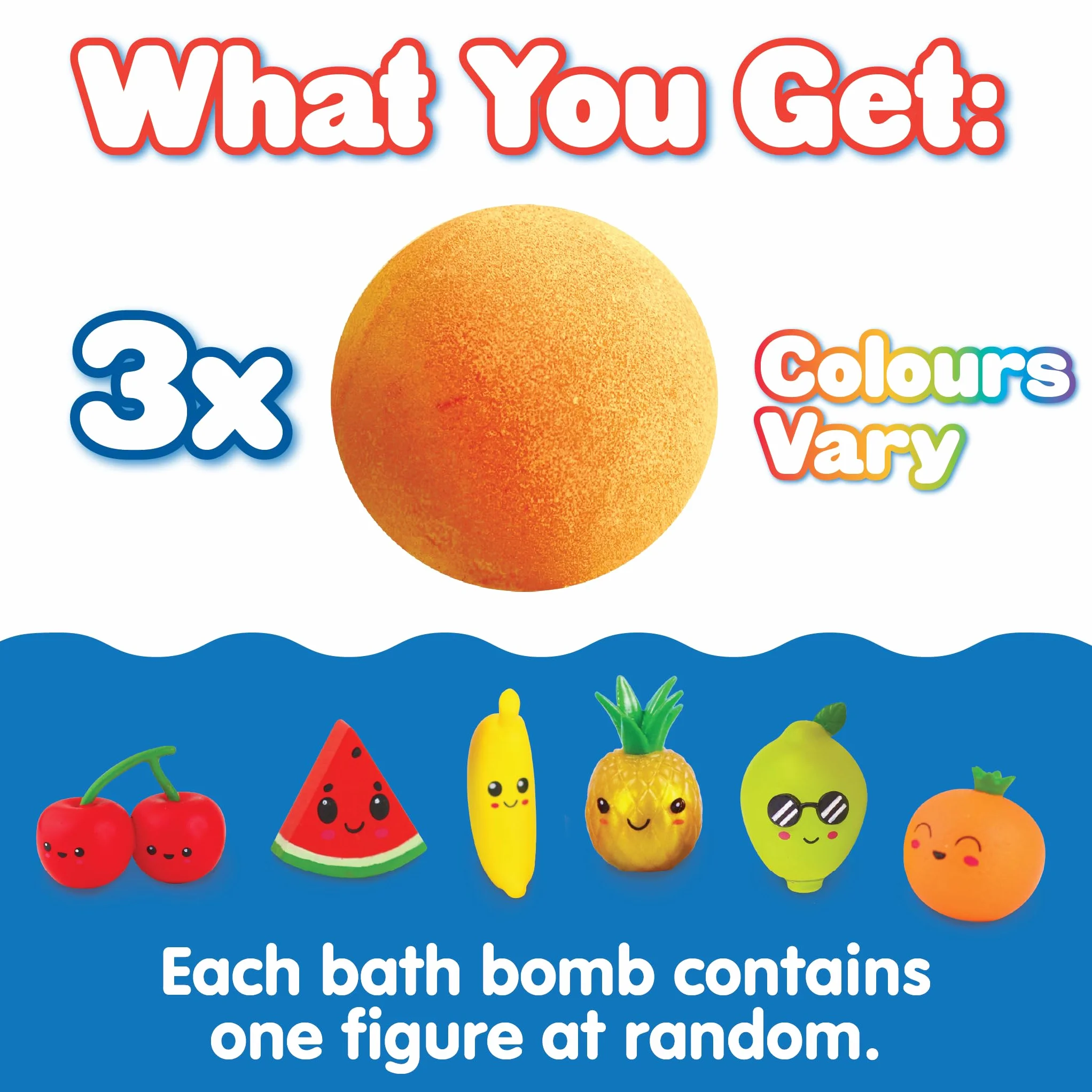 ZIMPLI - 3 x Large 100g Fruity Surprise Baff Bombz, 1 dei 6 giocattoli fruttati da collezionare, uno per ogni bomba da bagno, giocattolo da bagno per bambini, regalo con la paghetta