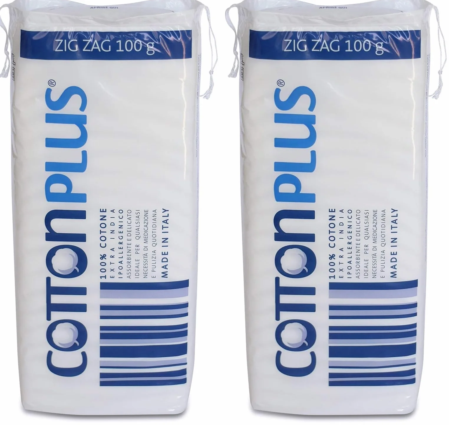 Cotton Plus ZIG ZAG 100 g - LINEA MEDICALE | 100% PURO COTONE IDROFILO CARDATO PER USO MEDICALE | Morbido e assorbente. (Confezione da 2)