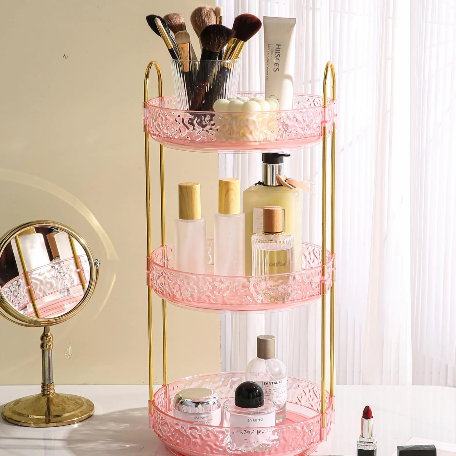 Fangoo 3 Livelli Organizer per Cosmetici Rotante a 360°Trucchi Girevole Bagno Portaoggetti Porta Profumi Organizer PortaTrucchi Adatto per Toilette Camera Da Letto Bagno（Rosa）