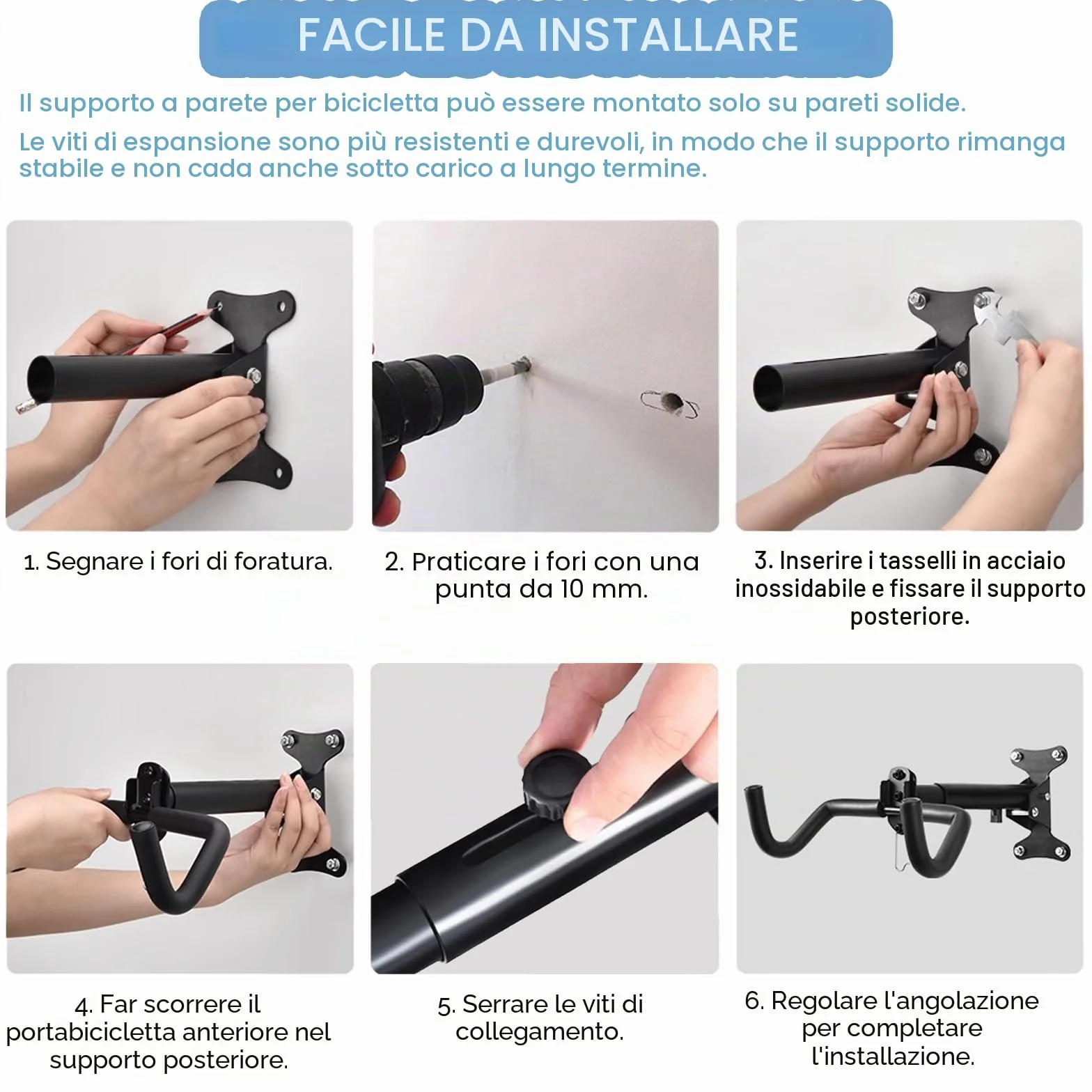 Portabici da Muro Regolabile, Capacità di Carico 22 kg, Supporto in Metallo Robusto