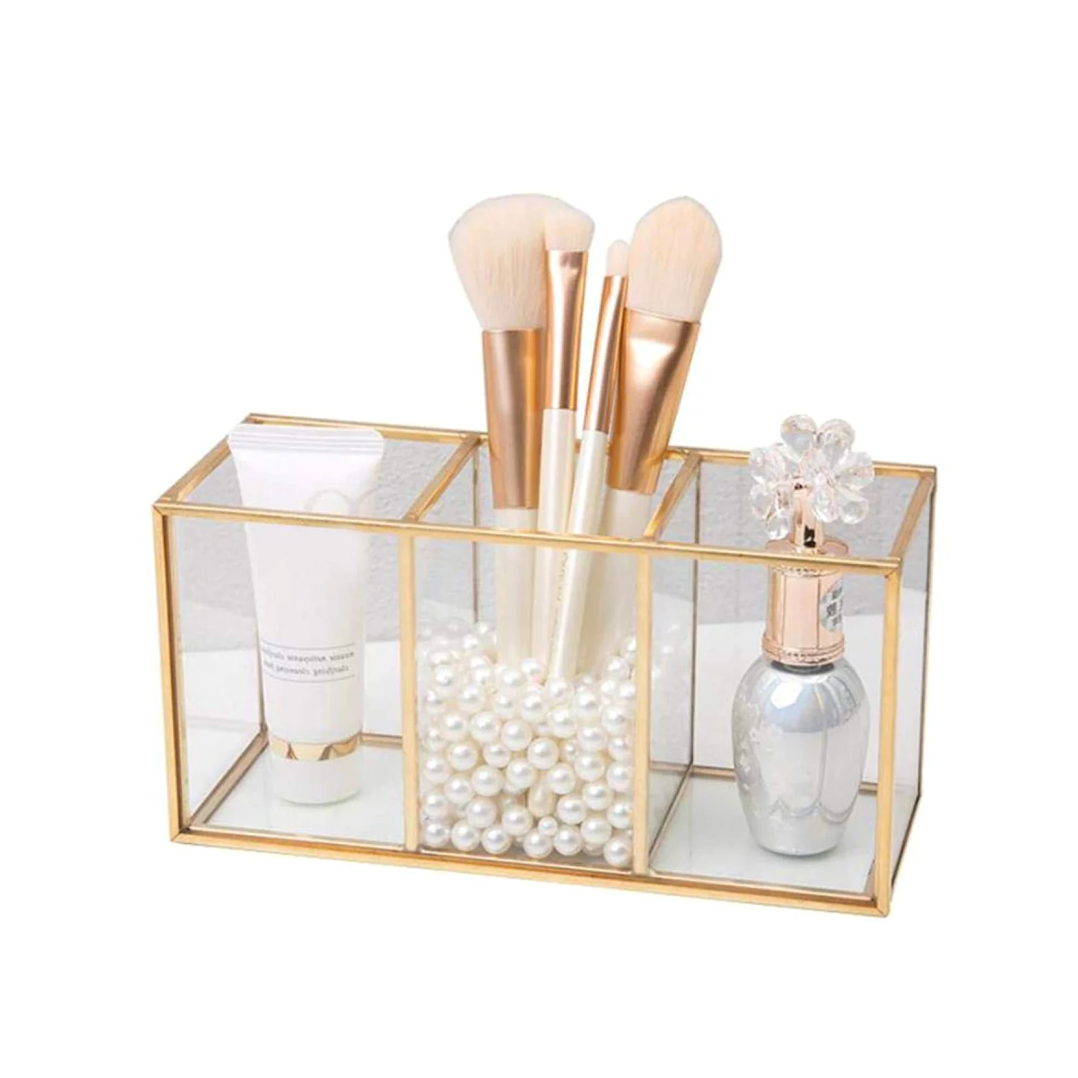 Organizer per trucchi in vetro dorato - Organizer per pennelli da trucco - Organizer per cosmetici - Scatola portaoggetti da scrivania - Vassoio organizer per gioielli profumi, B