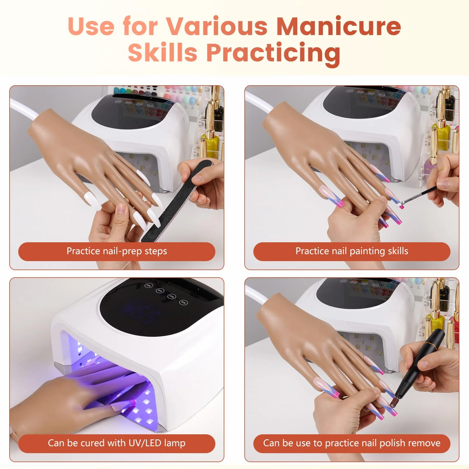 Yokilly Mano di esercizio per il design delle unghie: in silicone per unghie in gel – flessibile e mobile manicure per esercizi a mano – Kit per manichino per principianti