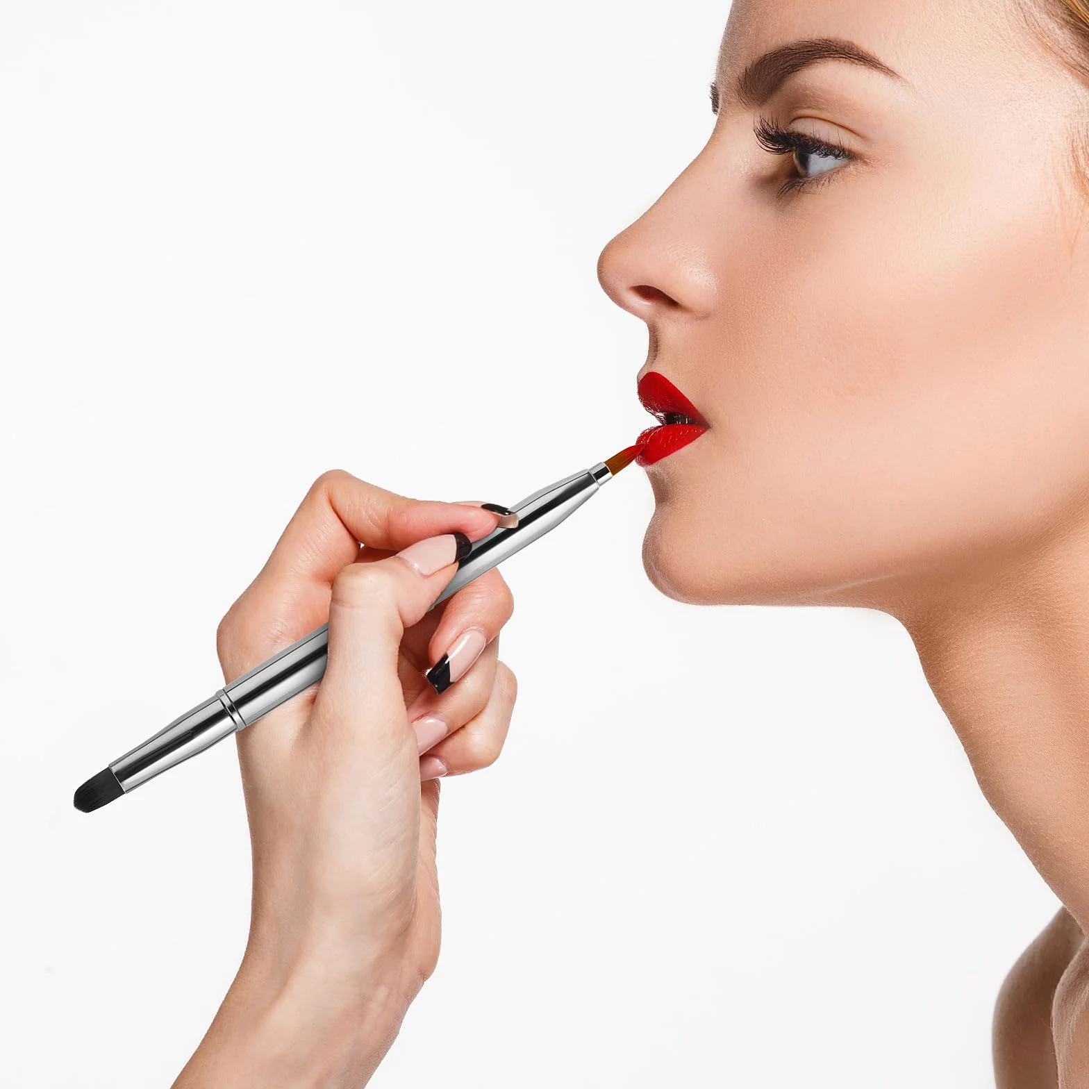 Pennello retrattile per labbra, portatile, a doppia estremità, per rossetto, lucidalabbra, correttore, contorno labbra, strumento per il trucco (argento)
